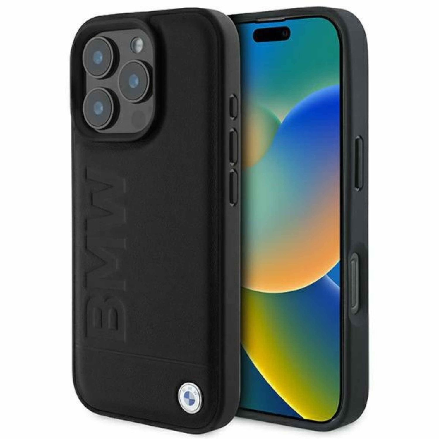 Custodia nera per iPhone con logo BMW, telefono parzialmente visibile.