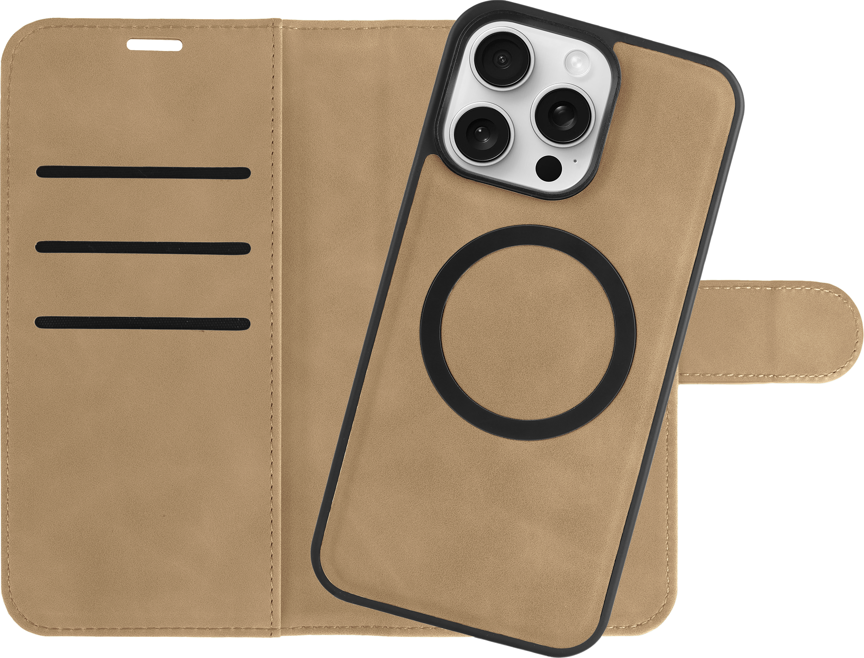 Beige Handyhülle mit schwarzem Rahmen und Magnetkreis. Aufgeklappt.