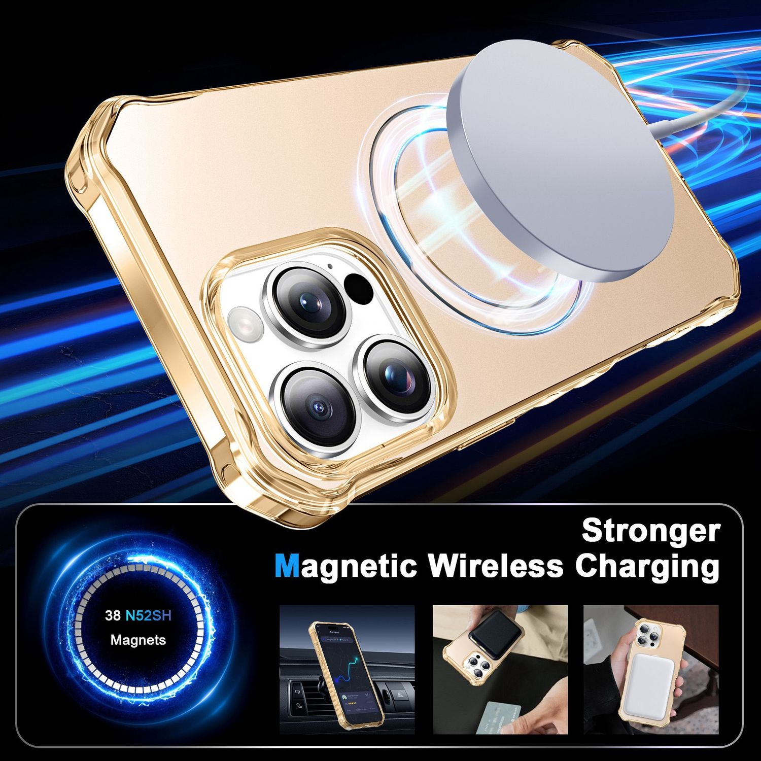 Goldene Handyhülle mit MagSafe-Ladegerät. Kleinere Bilder zeigen Telefonnutzung und stärkeres Laden.