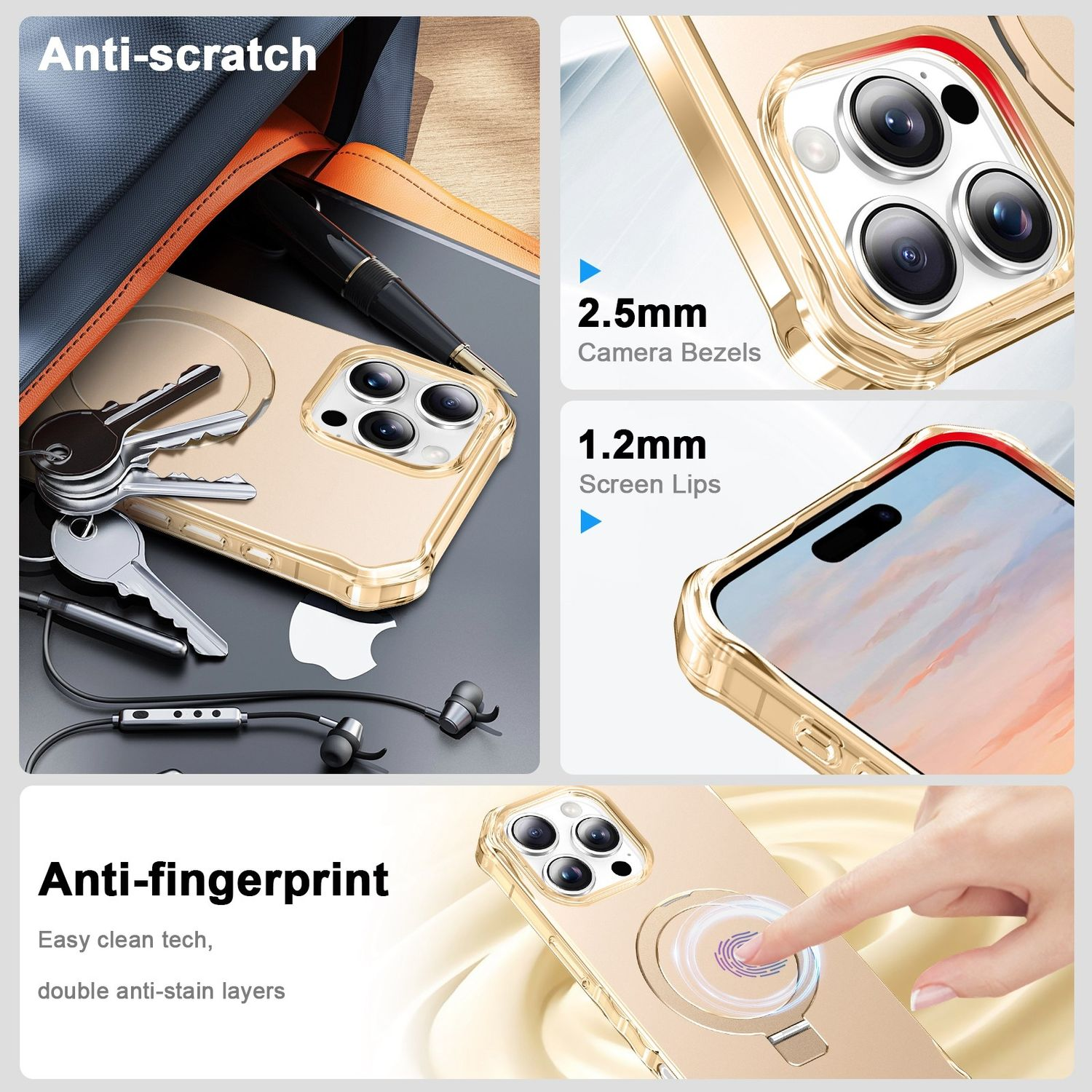 Eine goldene Handyhülle mit Telefon und Nahaufnahme der Kamerablenden und Bildschirmränder.