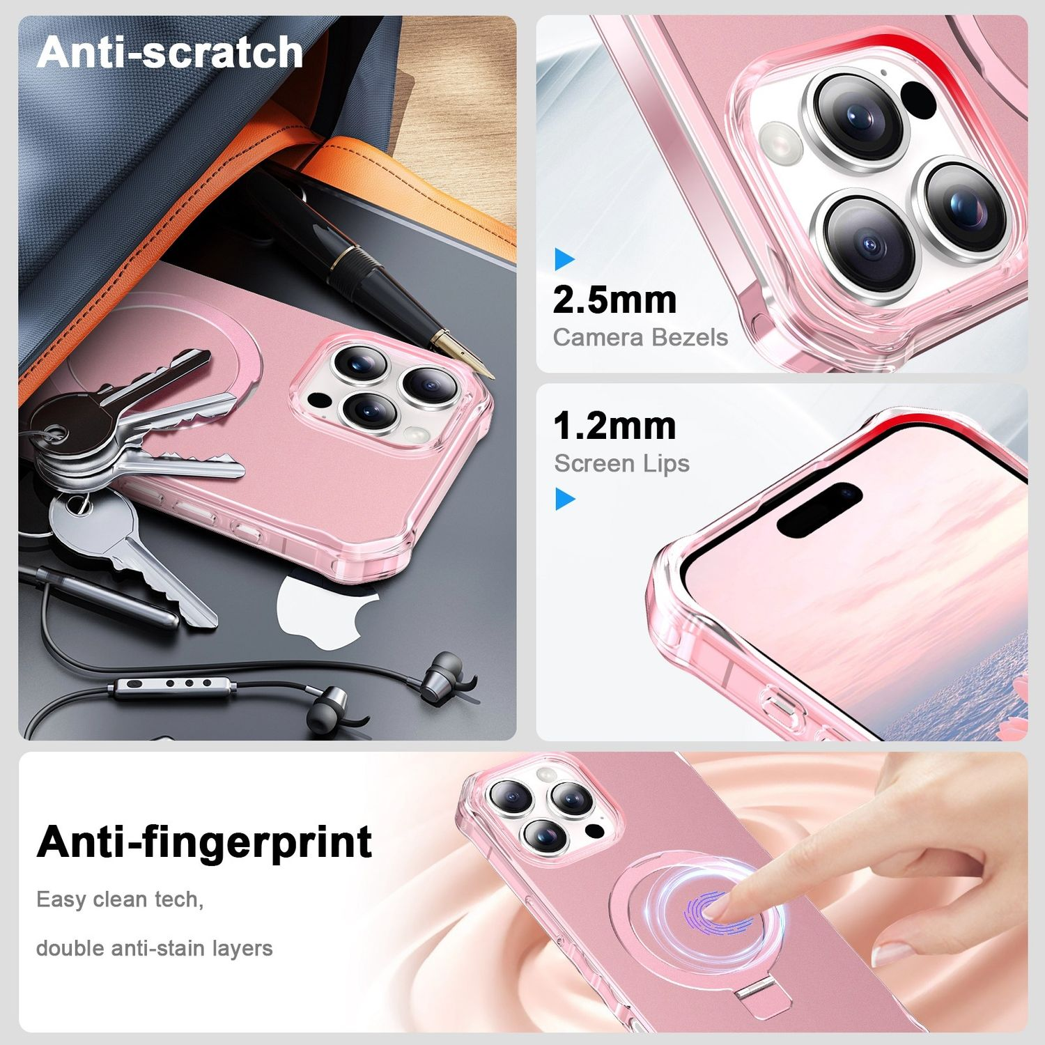 Rosa Handyhülle mit wichtigen Details und Funktionen wie Bildschirmrändern und Kamerablenden.