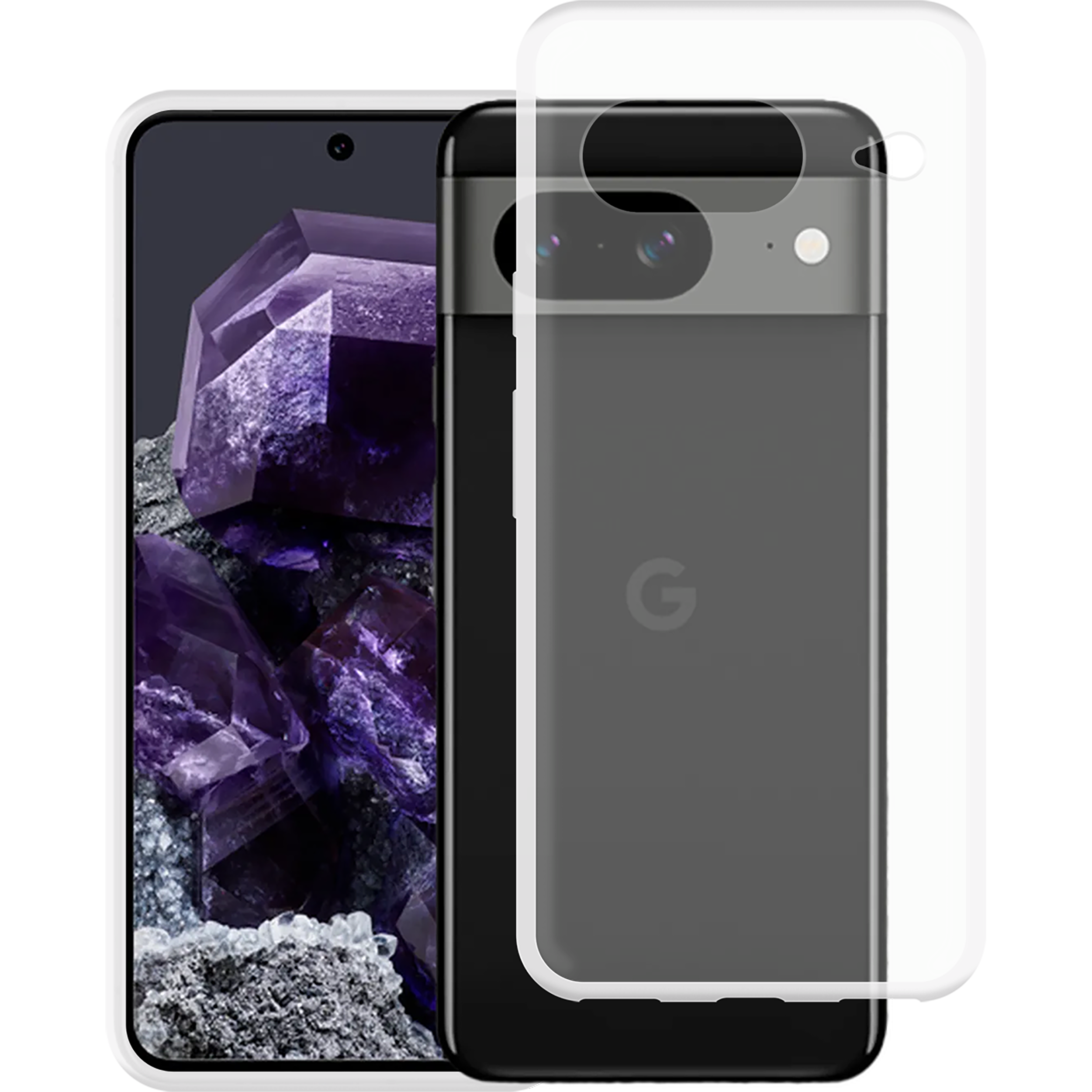 Ein Smartphone mit Hülle. Das Telefon ist schwarz, während die Hülle transparent mit schwarzem Rahmen ist.
