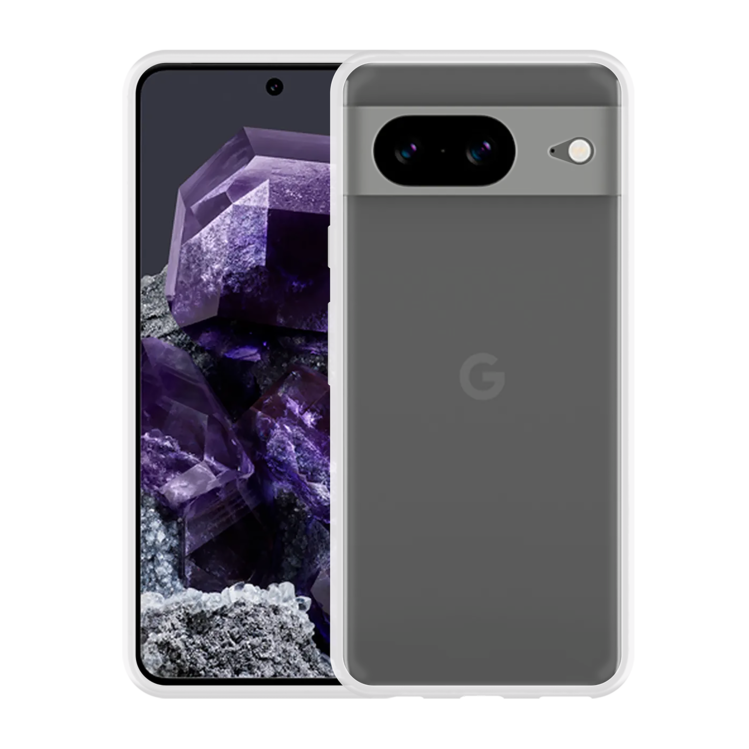 Telefon im Gehäuse, Bildschirm zeigt lila Kristalle. Graue Rückseite mit Google-Logo.