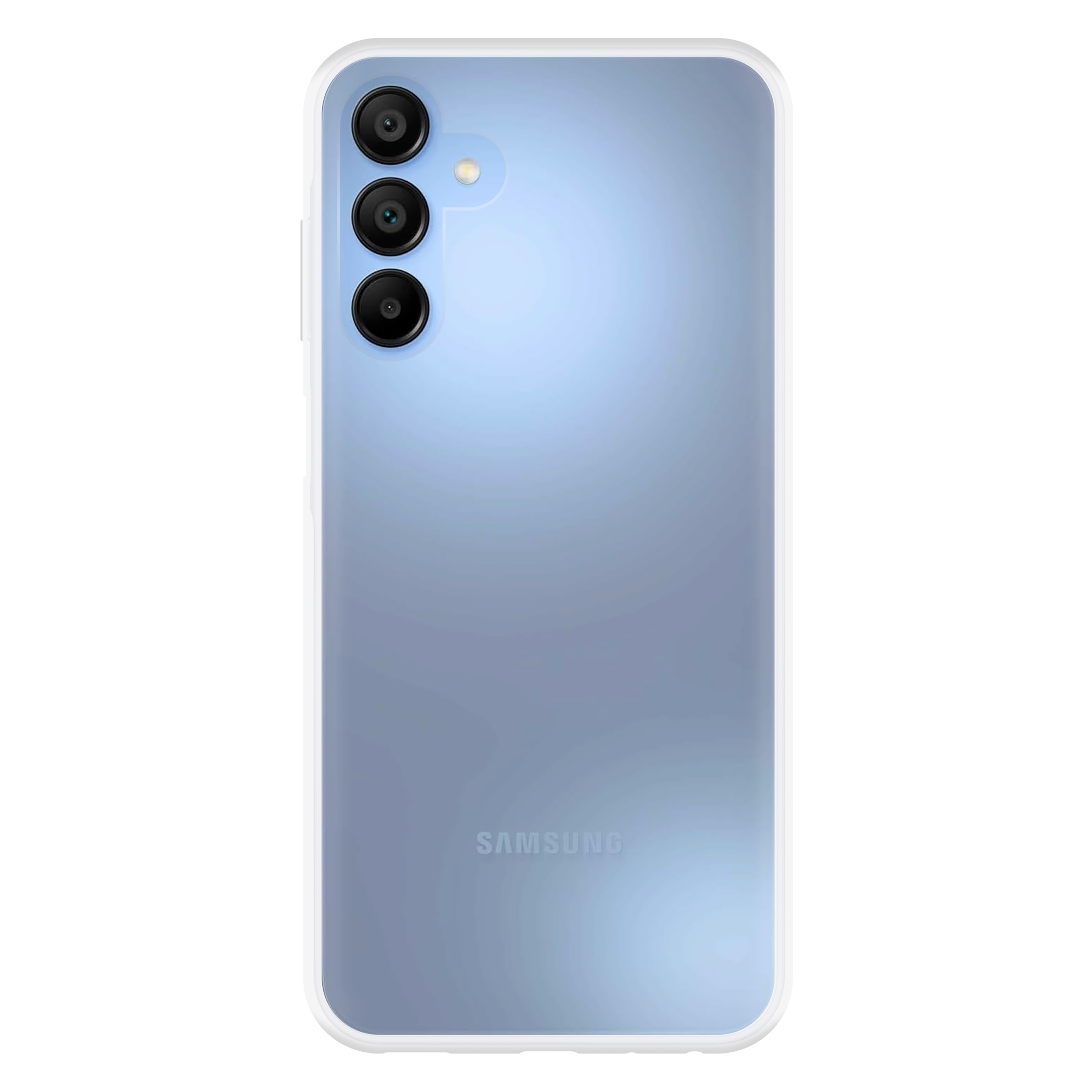 Blaues Telefon mit weißem Rand, drei Kameras auf der Rückseite, zeigt die Telefondetails.