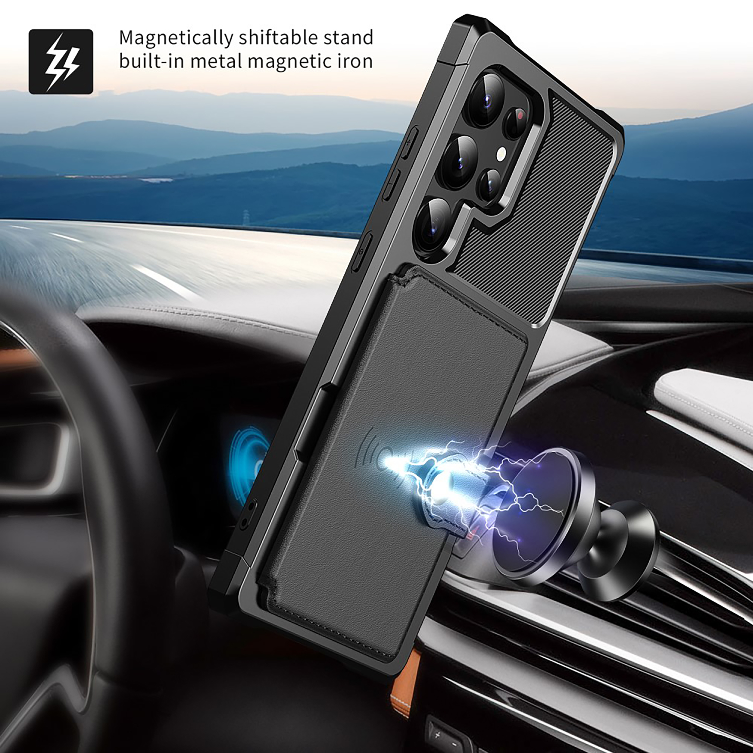 Eine Handyhülle ist an einer magnetischen Autohalterung befestigt. Der Hintergrund ist ein Autointerieur.