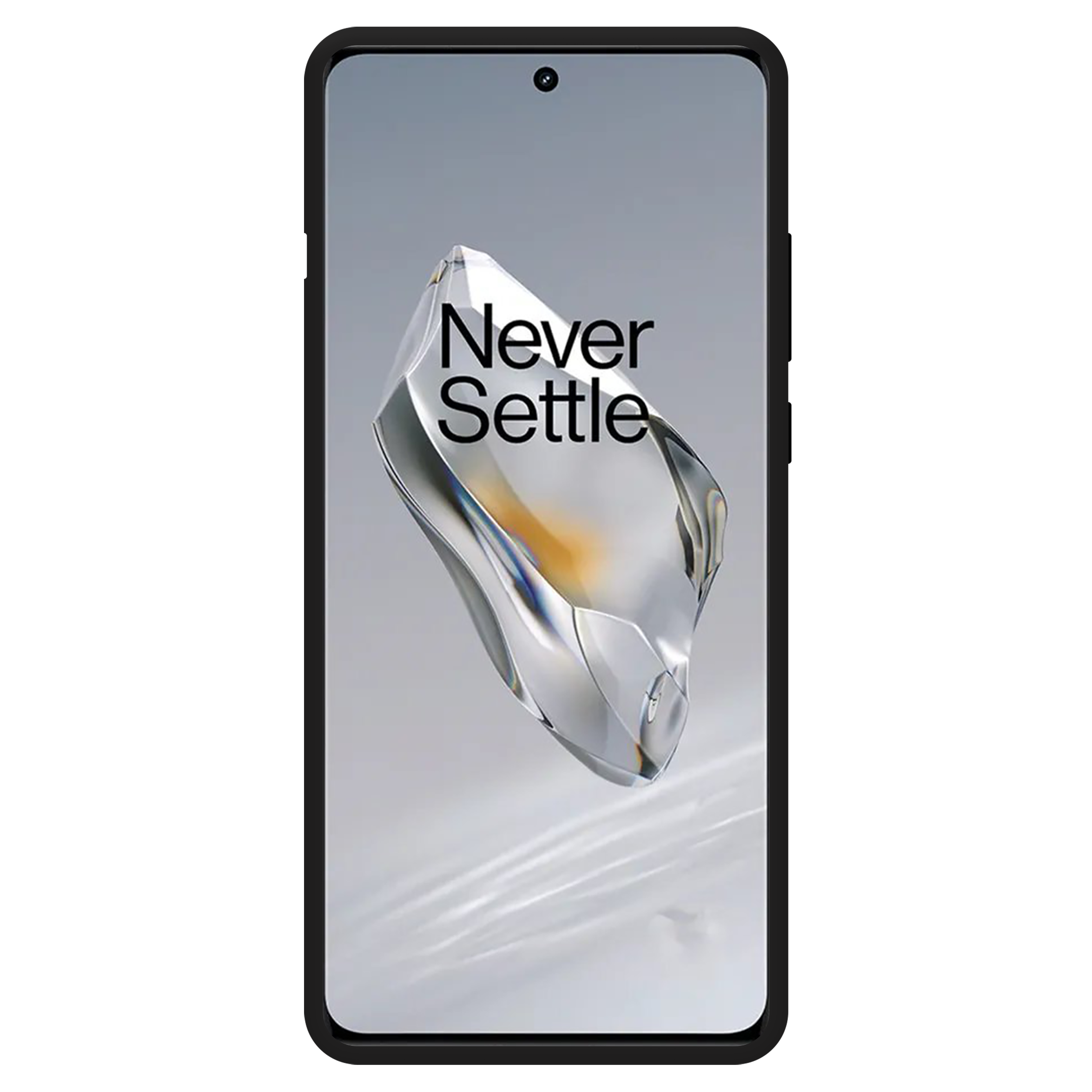 Ein schwarzes Telefon mit den Worten Never Settle auf dem Bildschirm in einem bunten, abstrakten Design.