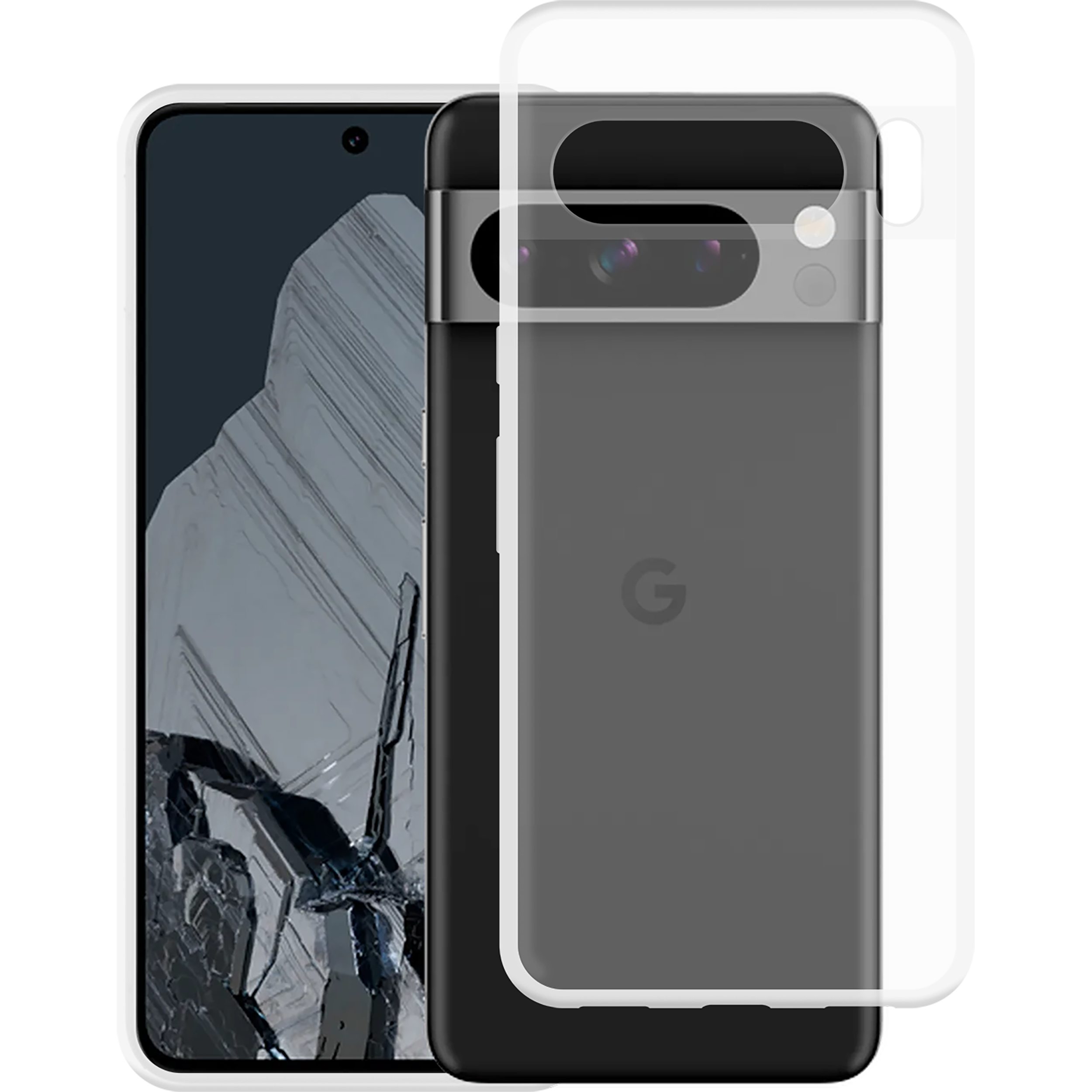 Telefon mit Displayschutz und Handyhülle. Das Telefon ist schwarz und die Hülle ist transparent.