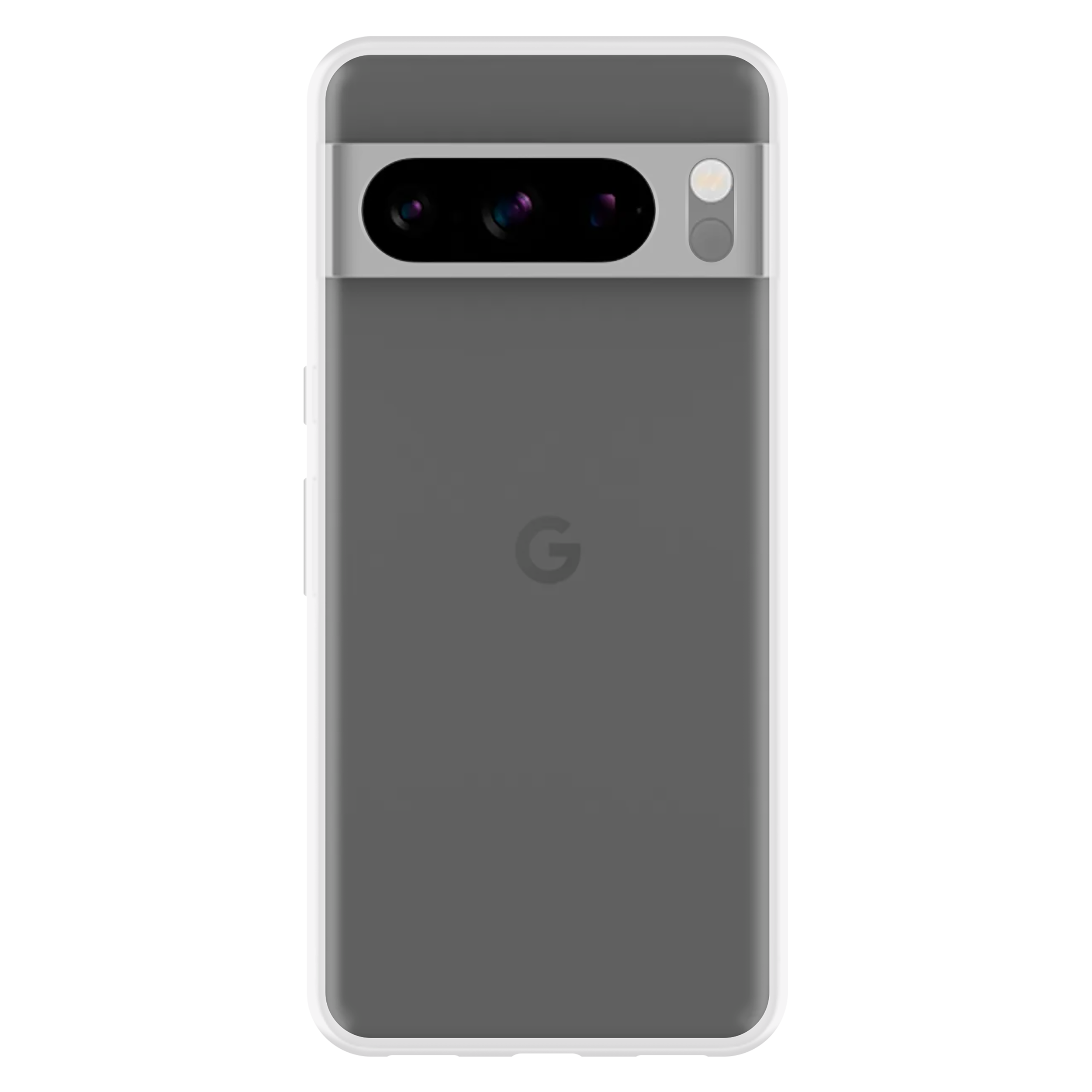 Ein graues Smartphone mit Kameraleiste auf schwarzem Hintergrund.