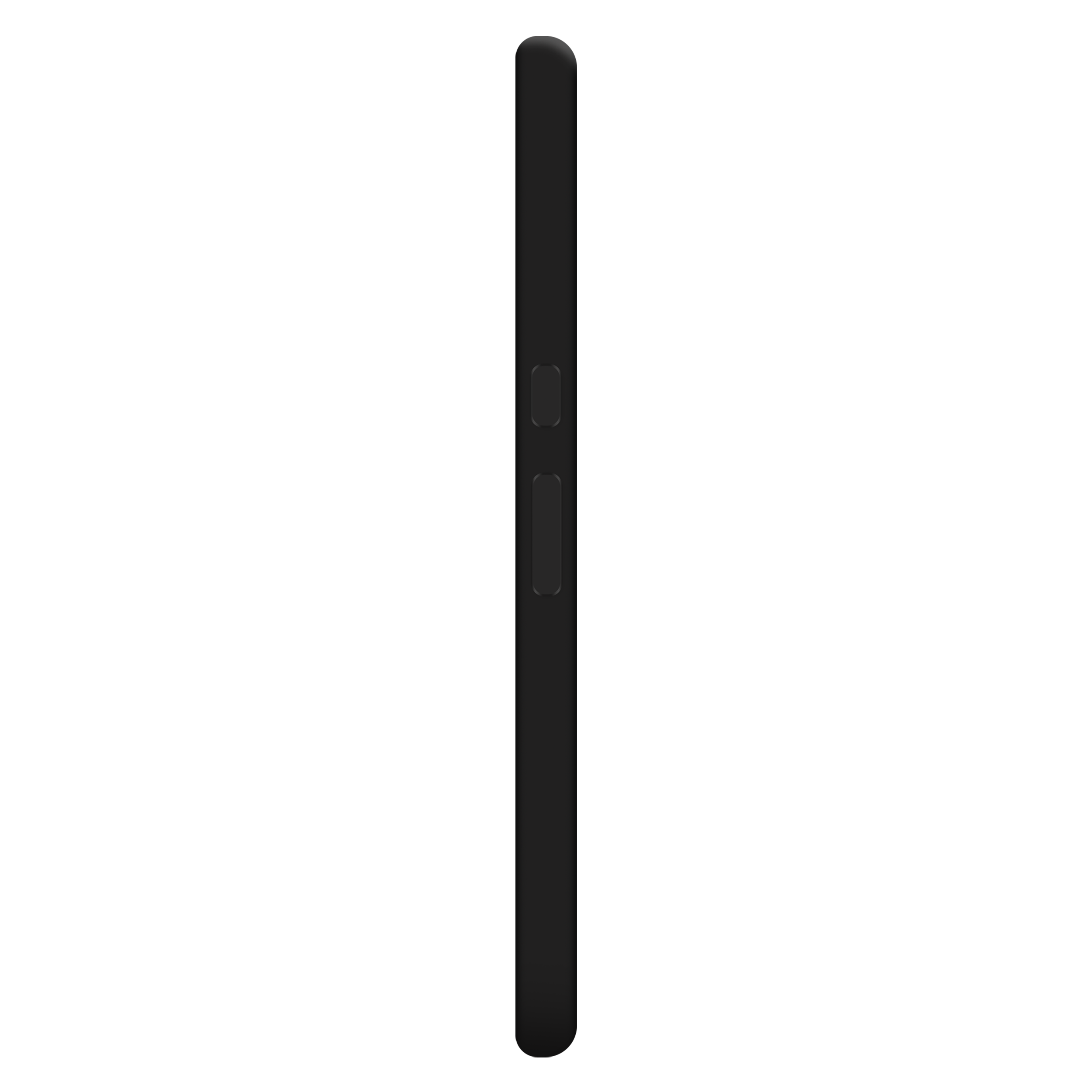 Ein schwarzes Telefon-Seitenprofil mit Ein-/Aus- und Lautstärketasten vor schwarzem Hintergrund.