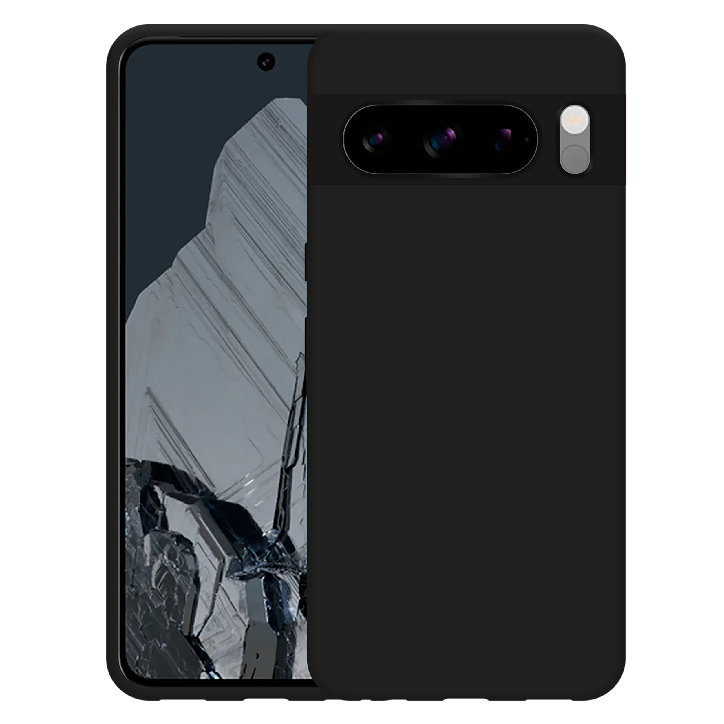 Ein schwarzes Telefon in einer schwarzen Hülle. Das Telefon zeigt einen gesprungenen Bildschirm. Drei Kameras sind sichtbar.