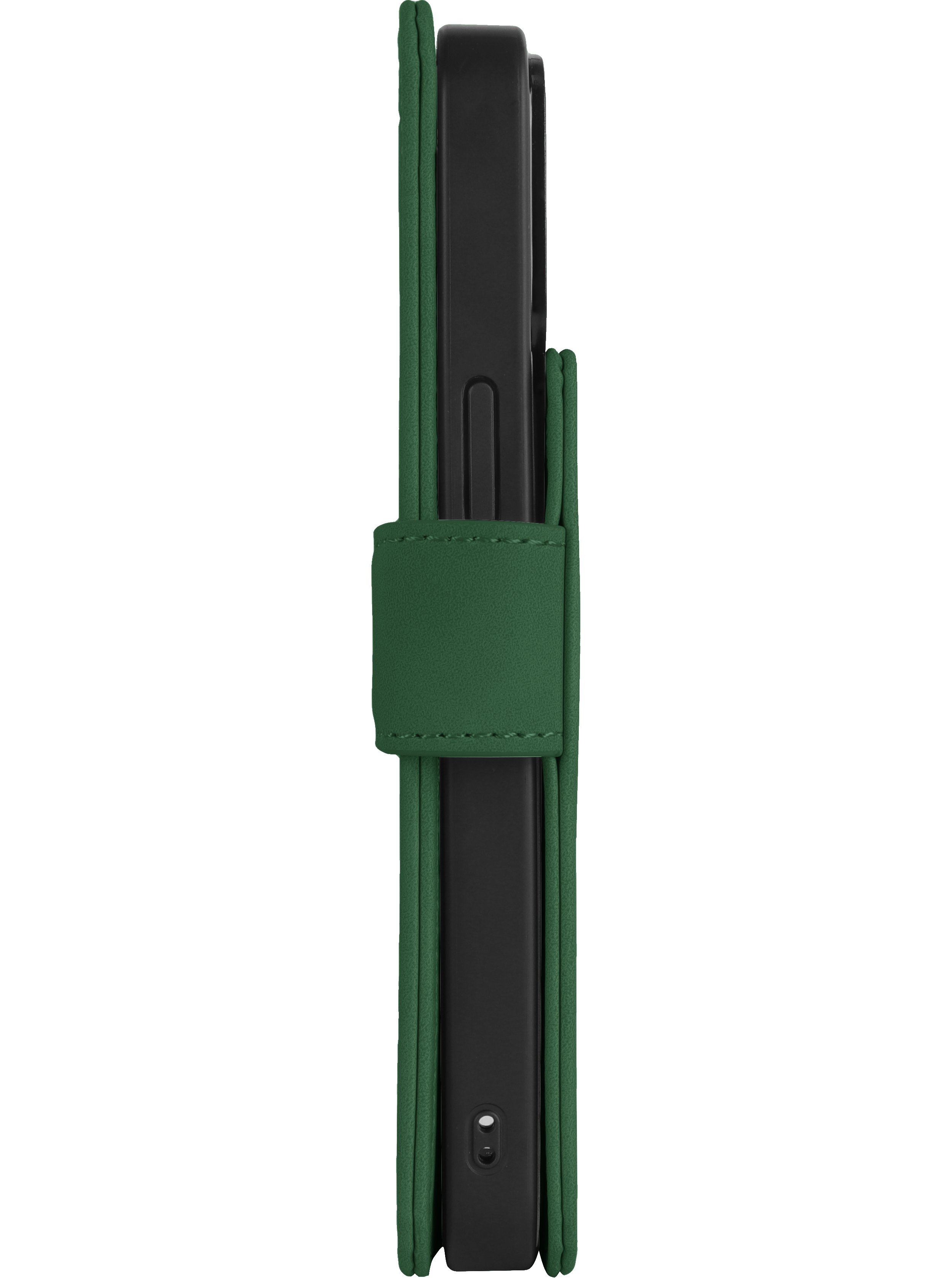 Seitenansicht eines schwarzen Smartphones in einer grünen Hülle. Die Hülle ist geschlossen, mit einem grünen Band.