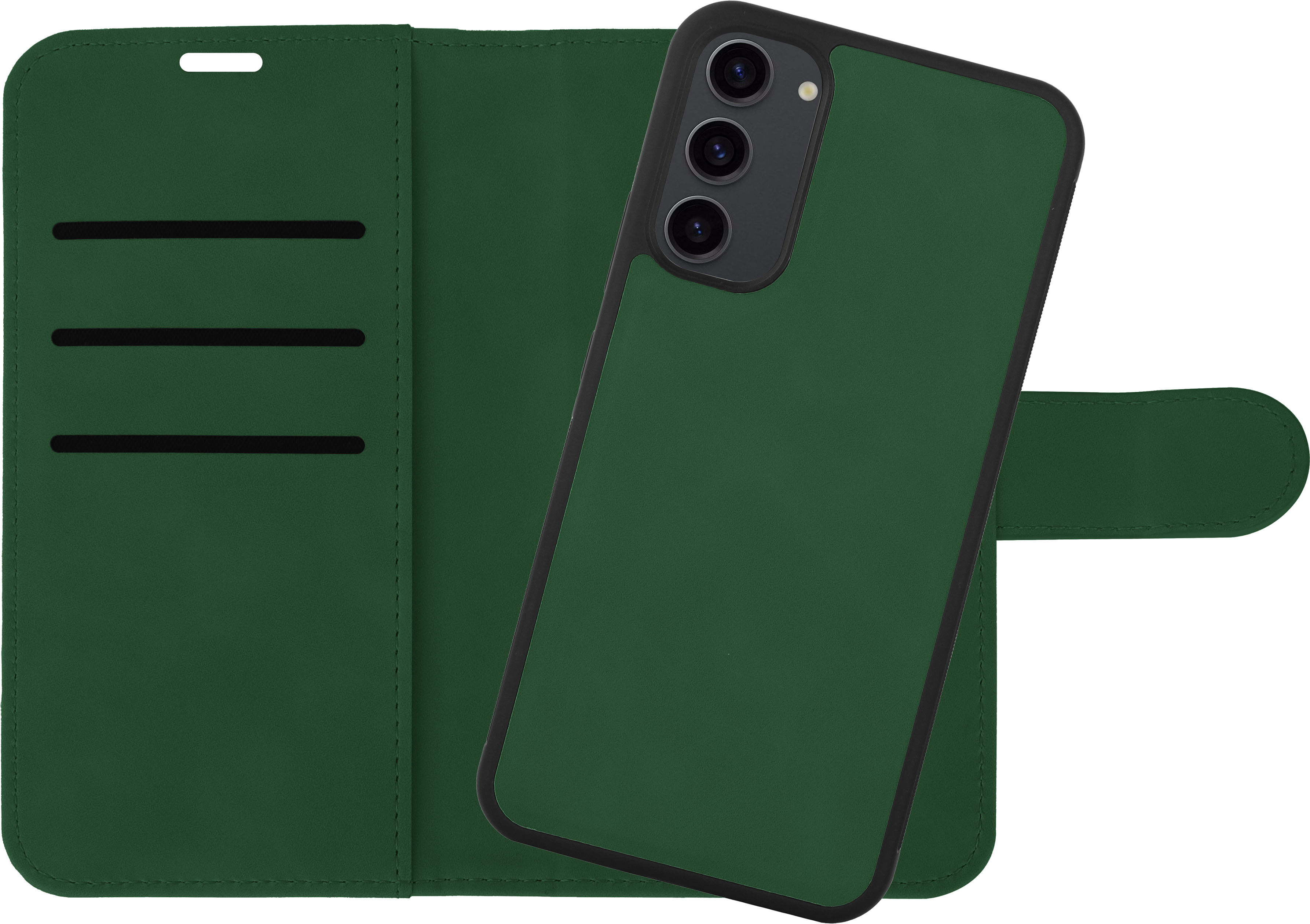Grüne Handyhülle mit Telefon und offenem Deckel. Schwarzer Hintergrund.
