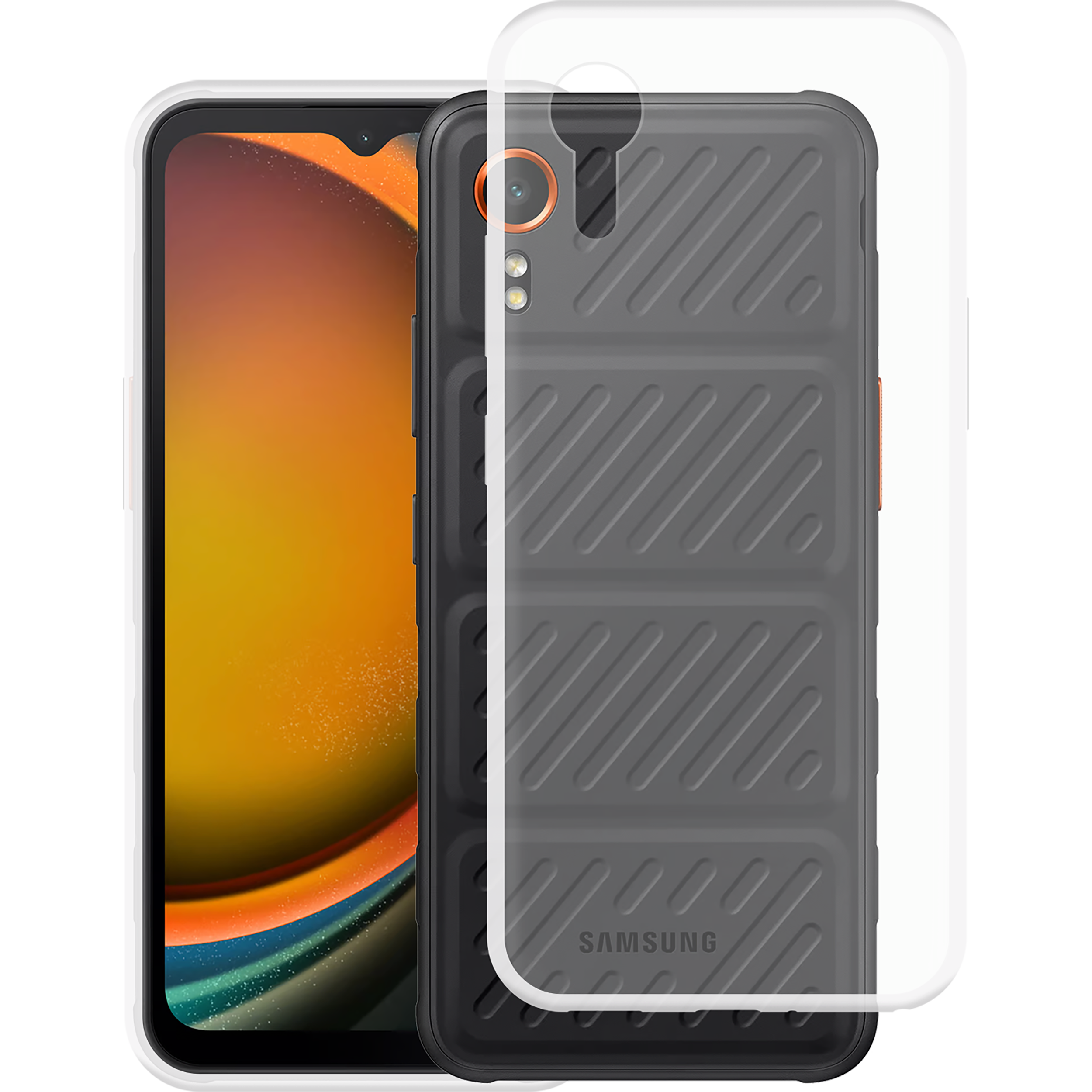 Schwarzes Telefon mit Schutzhülle und Displayschutzfolie.