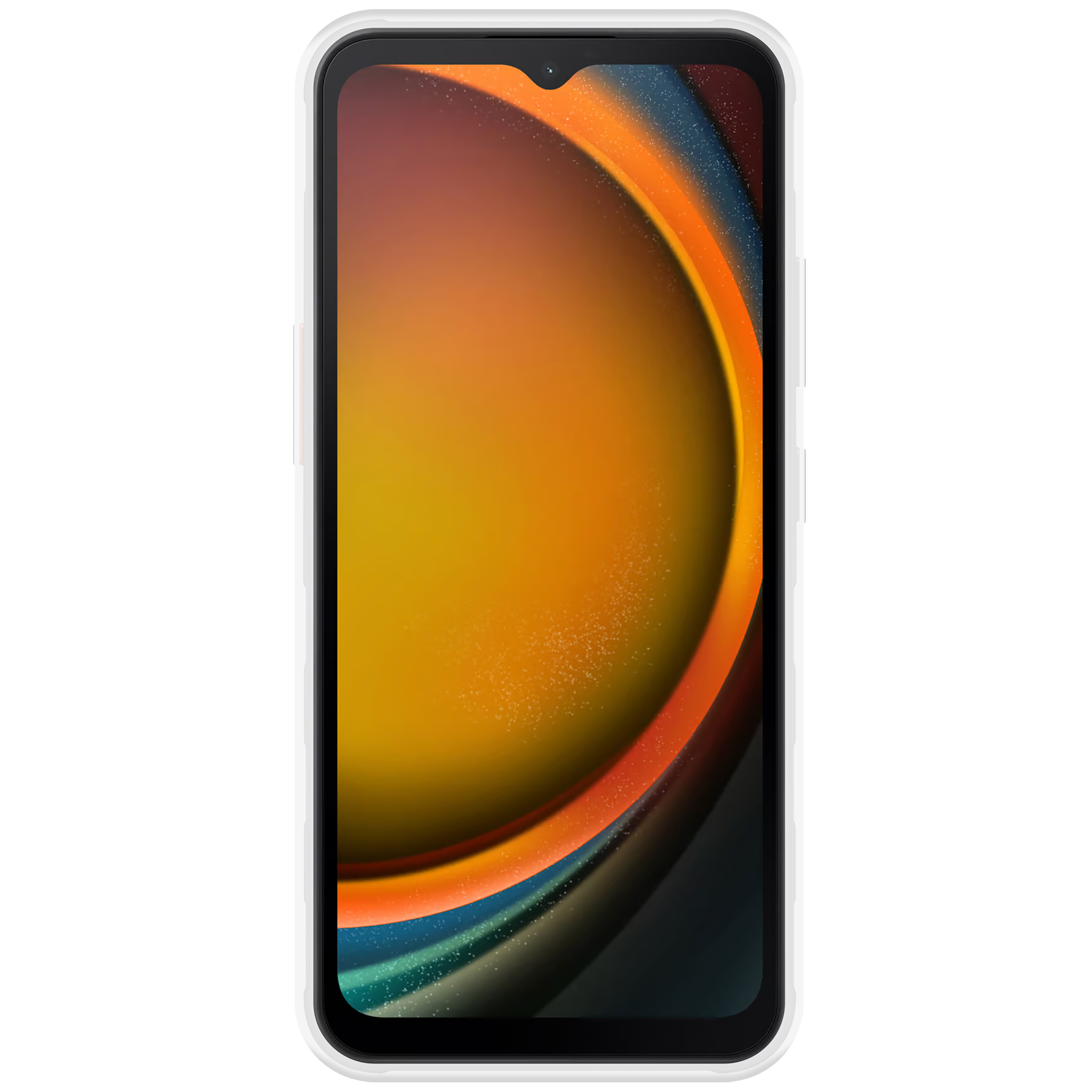 Ein Smartphone mit weißem Rahmen und farbenfrohem, abstrakten Hintergrund.