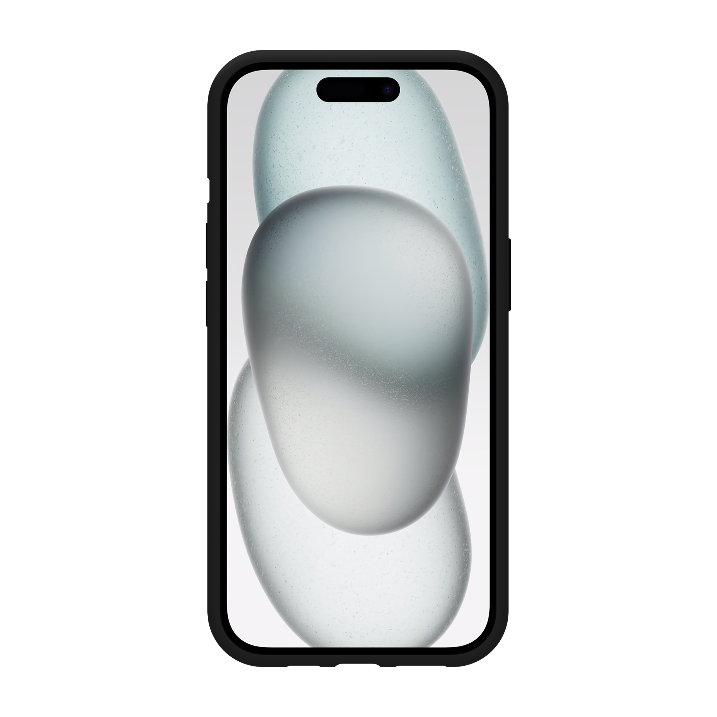 Smartphone mit abstrakten Graustufenformen. Schwarzer Rahmen, weißer Hintergrund.