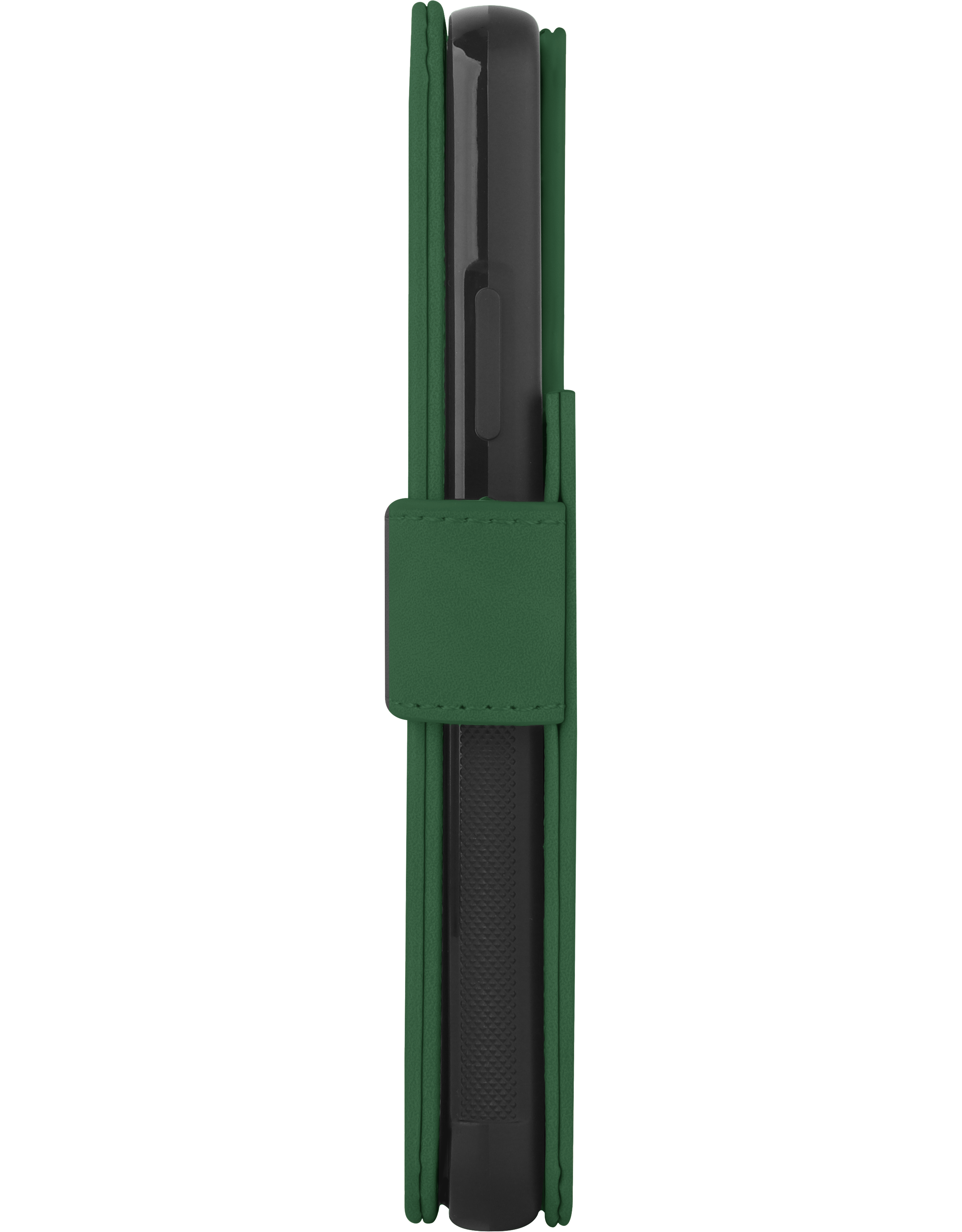 Eine grüne Handyhülle geöffnet, zeigt ein schwarzes Telefon im Inneren vor schwarzem Hintergrund.