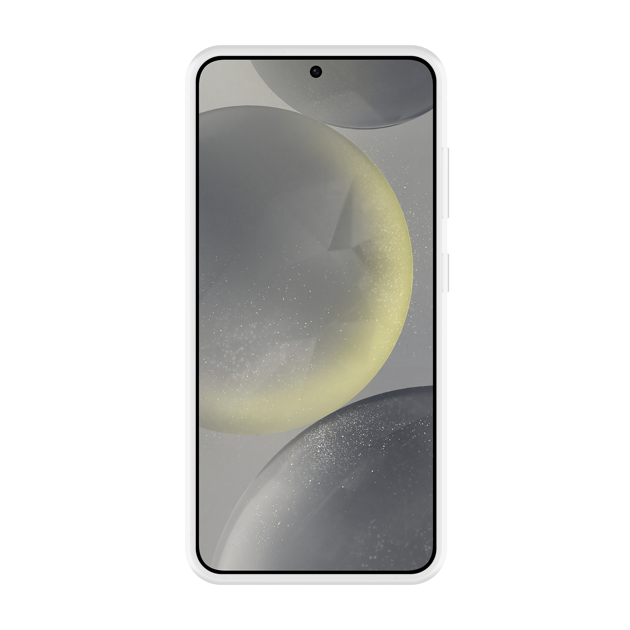Telefon mit weißem Rahmen und verschwommenem Hintergrund mit Blasen.
