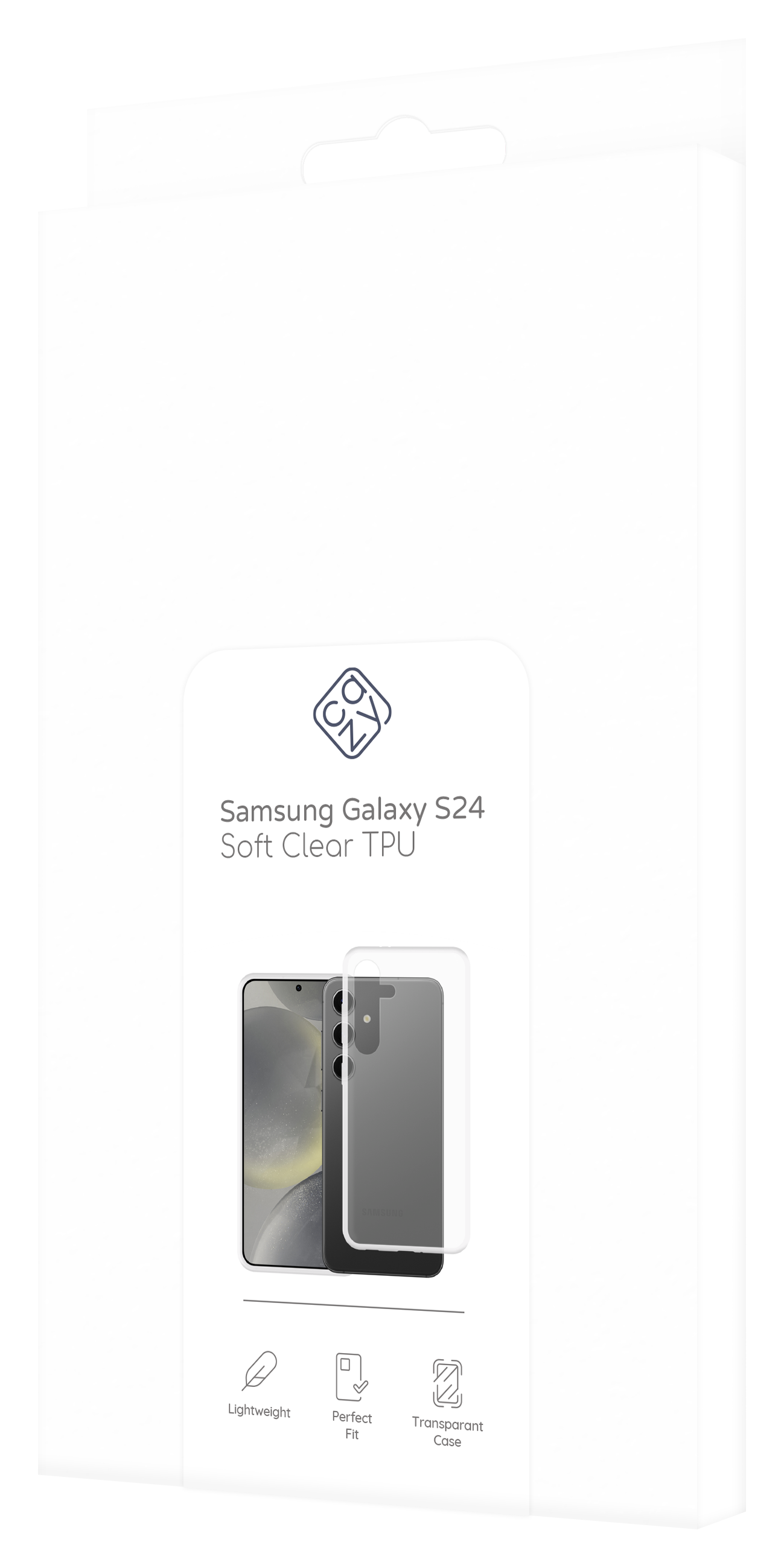 Eine weiße Telefonhüllenbox mit Telefonbild und Text, die eine transparente TPU-Hülle zeigt.