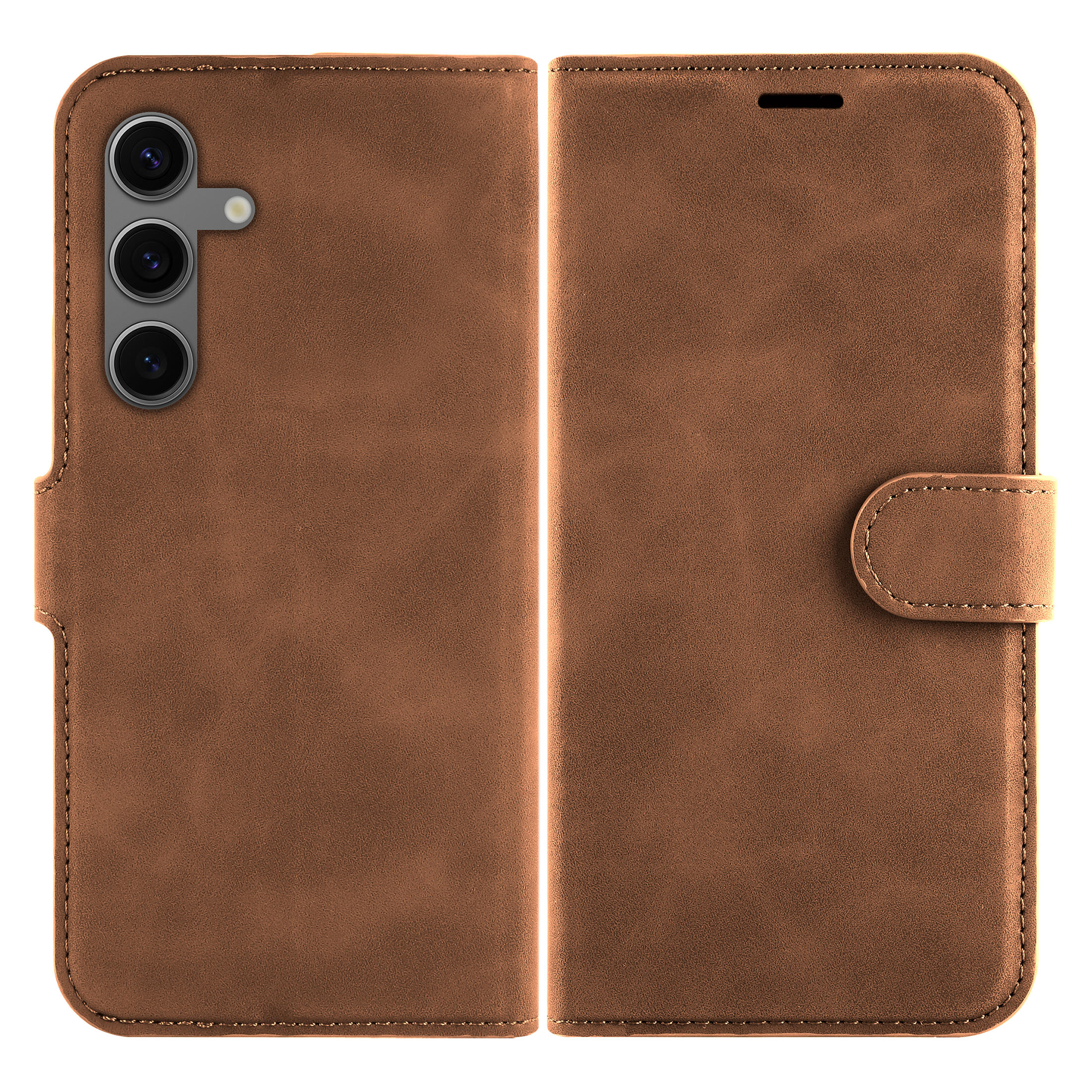 Eine braune Leder-Handyhülle ist geöffnet und zeigt den Telefonhalter und eine Verschlussklappe. Der Hintergrund ist schwarz.