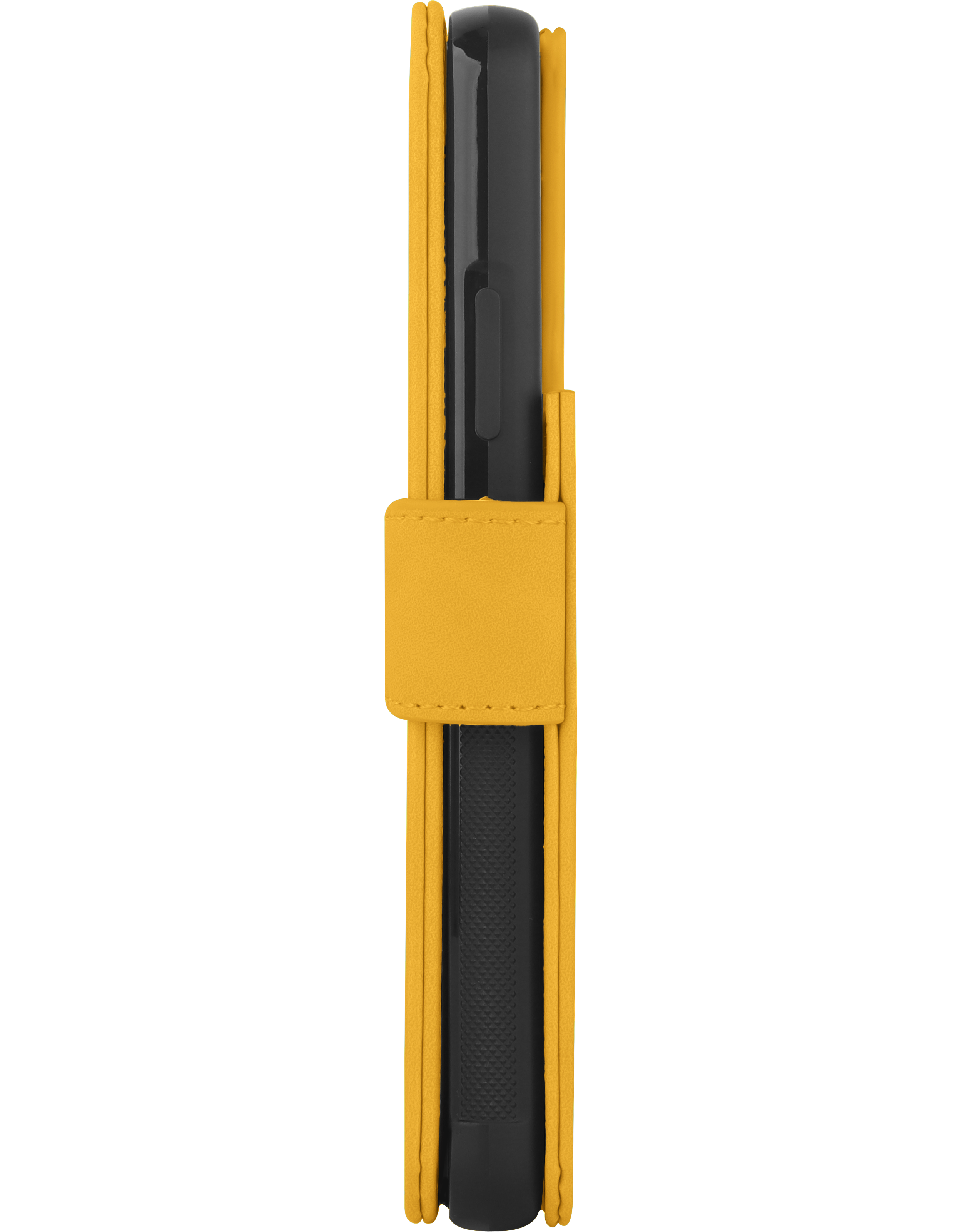 Seitenansicht der Handyhülle. Schwarzes Telefon, gelber Riemen.