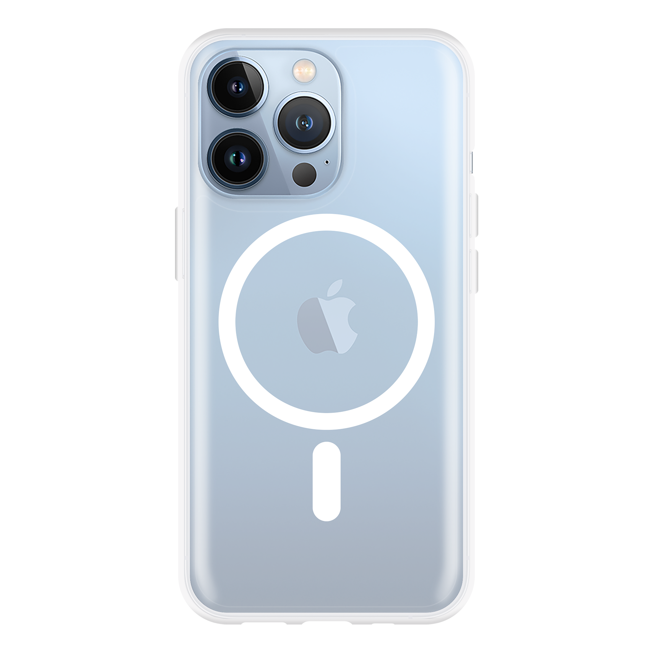 Eine transparente iPhone-Hülle mit weißem MagSafe-Ring und dem Apple-Logo.