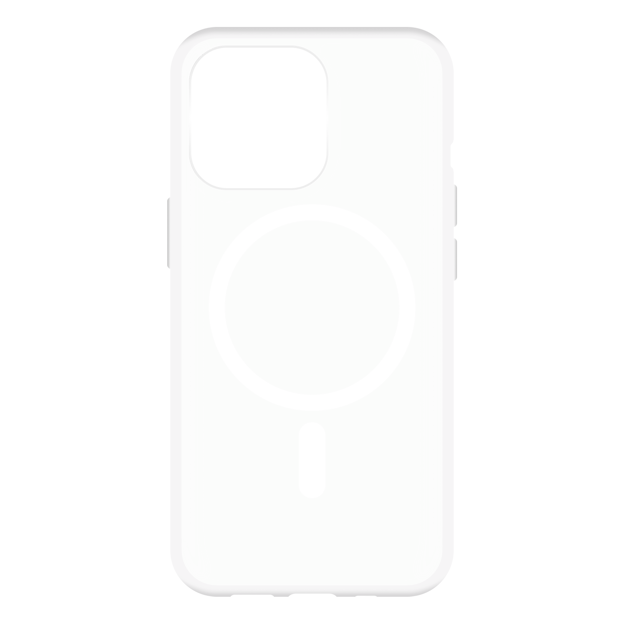 Eine weiße Handyhülle mit Kameraausschnitt und kreisförmigem MagSafe-Design.