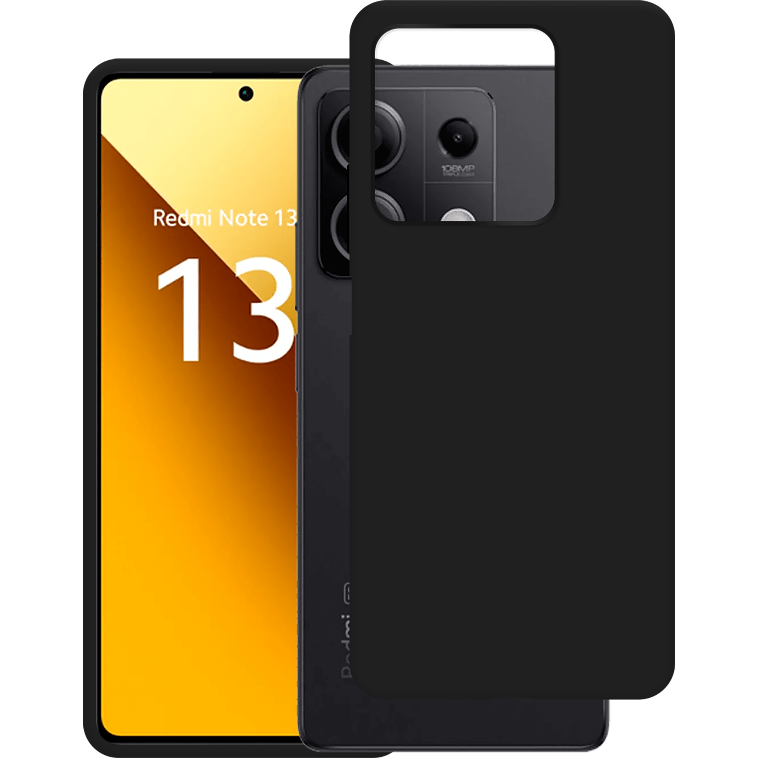 Schwarzes Redmi Note 13 Telefon mit schwarzem Gehäuse. Das Telefon hat einen gelben Bildschirm und die Zahl 13.