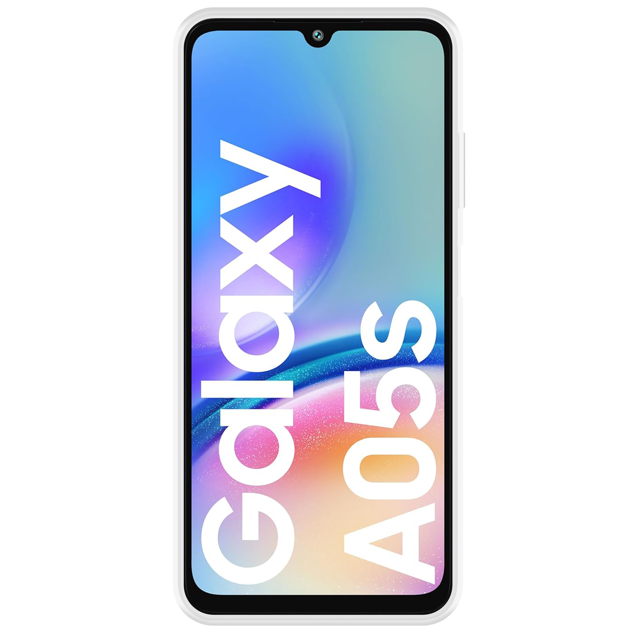 Ein Telefonbildschirm mit 'Galaxy A05S' in weißer Schrift auf blau-weißem Hintergrund.