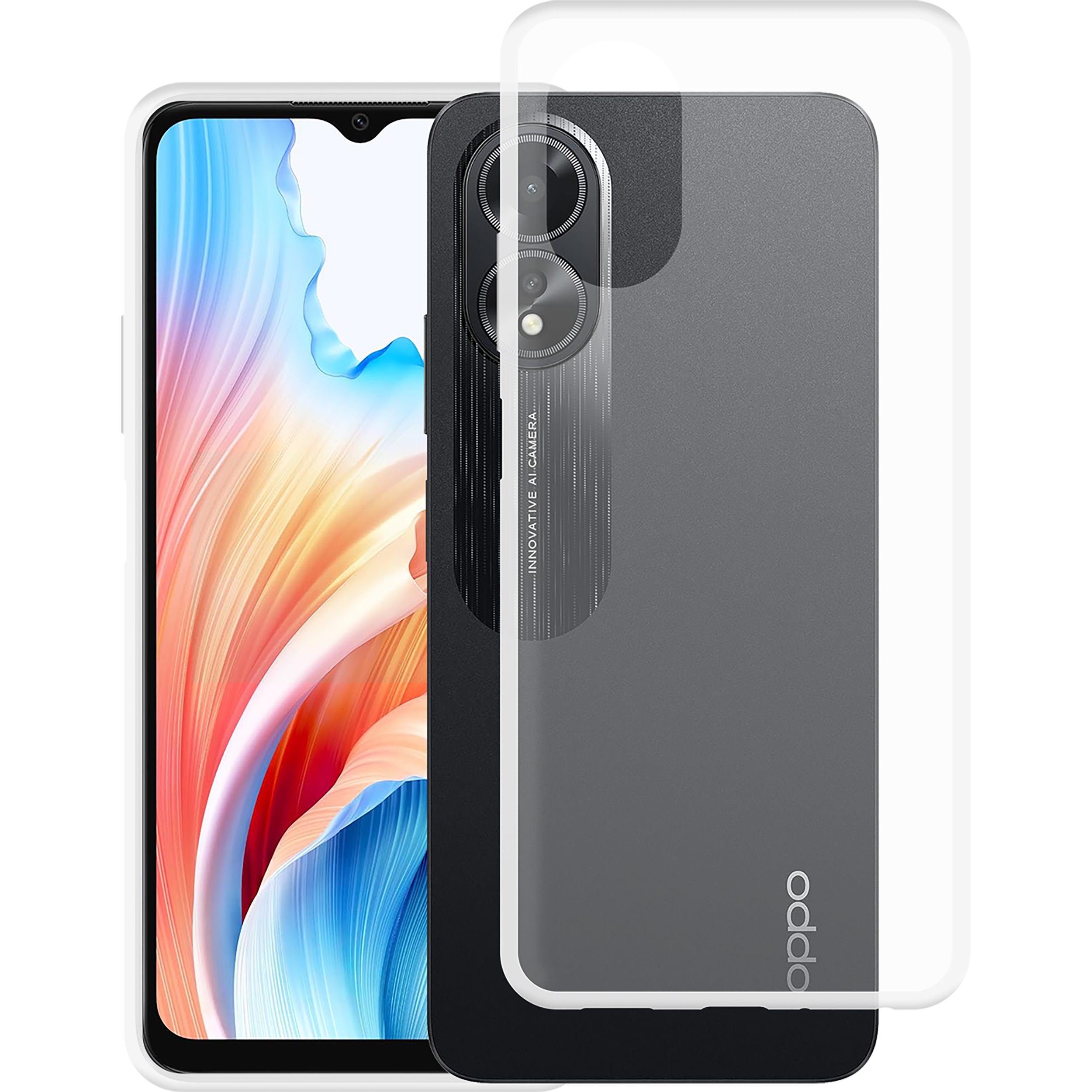 Smartphone mit Displayschutz und Hülle, zeigt eine farbenfrohe Anzeige. Schwarzer Hintergrund.