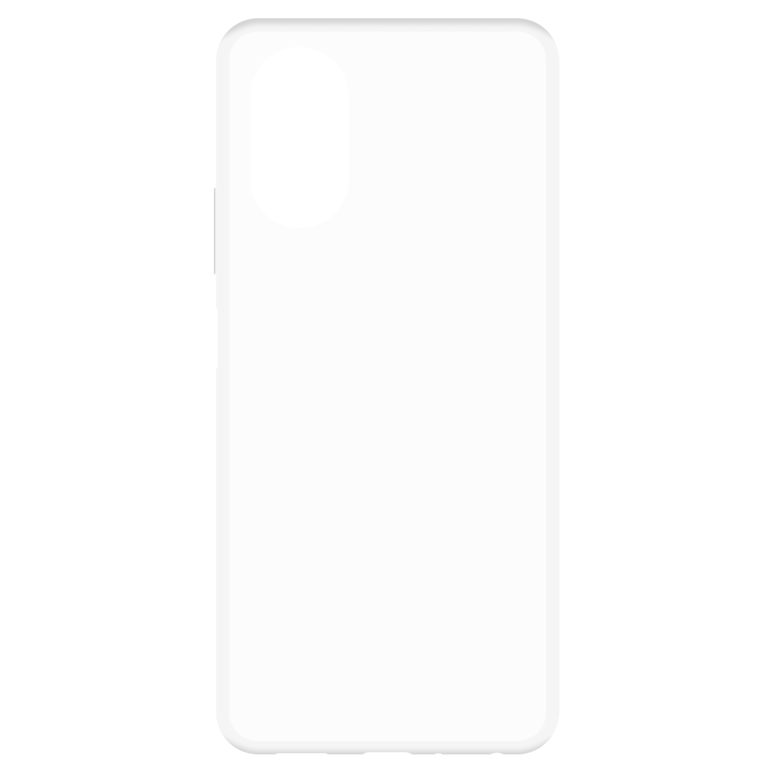 Weißes Telefon mit ovalem Kameraausschnitt vor schwarzem Hintergrund.