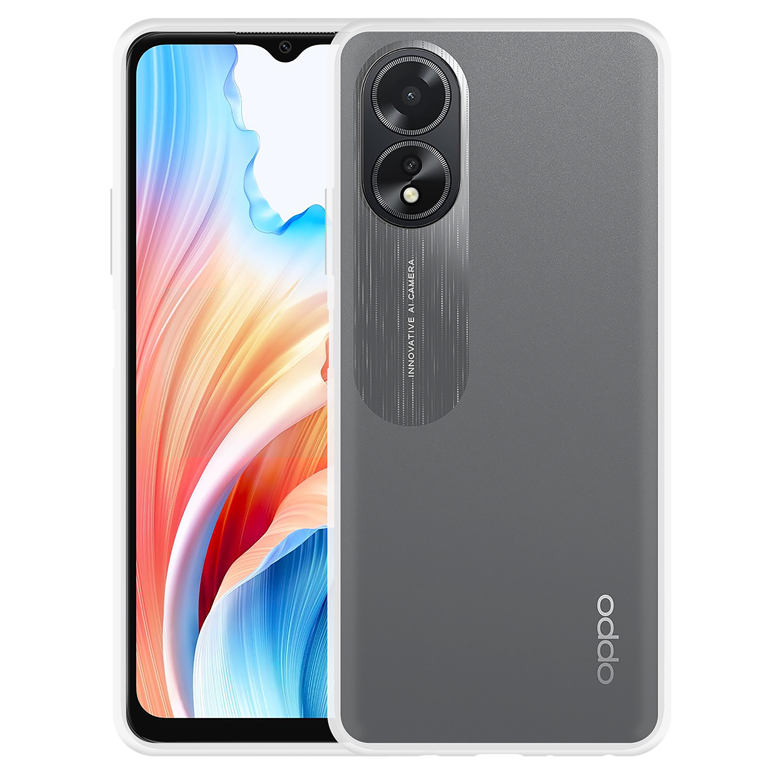 Ein graues Telefon mit Kamera und weißem Gehäuse. Auf der Rückseite steht das Wort "oppo".