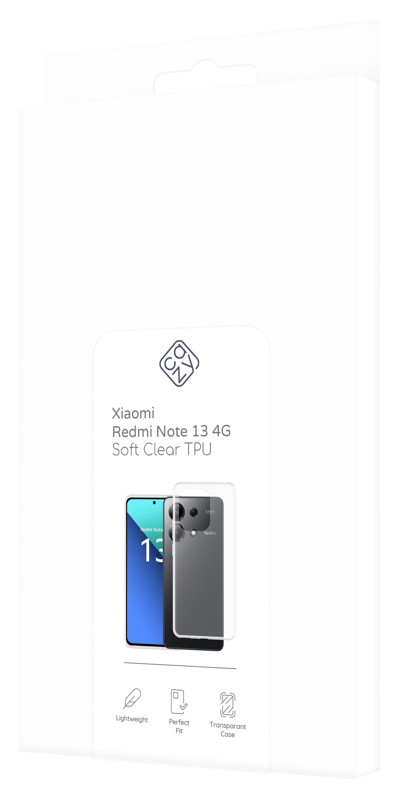 Weiße Verpackung mit Telefonbild und Displayschutzfolie für Redmi Note 13 4G.