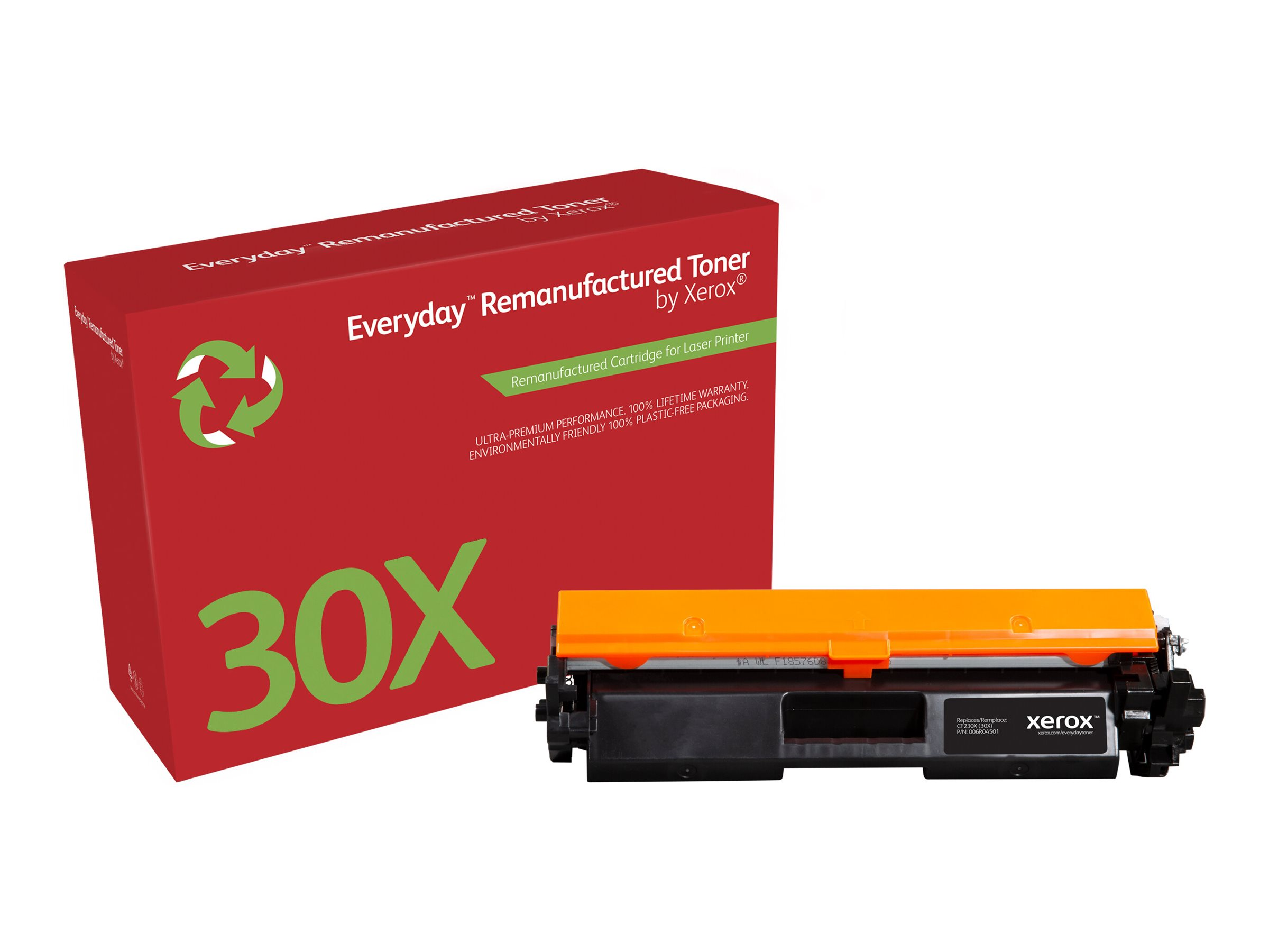 Czerwono-pomarańczowe pudełko z tonerem i wkład z tonerem.