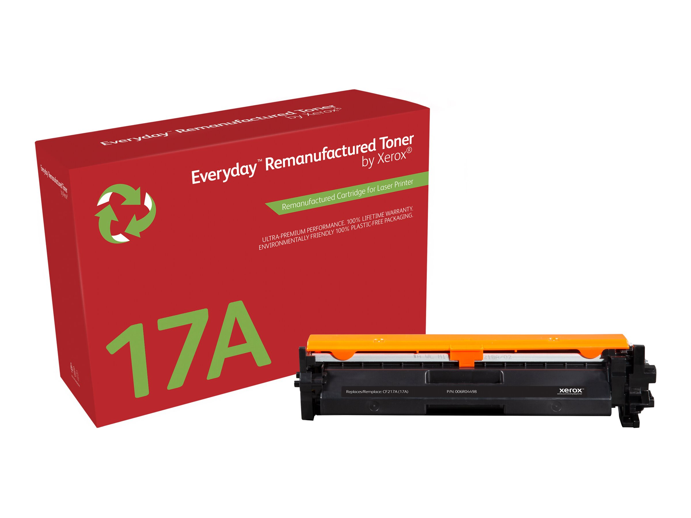 Rode en witte doos met gereviseerde tonercartridge, met een zwarte en oranje tonercartridge ernaast.