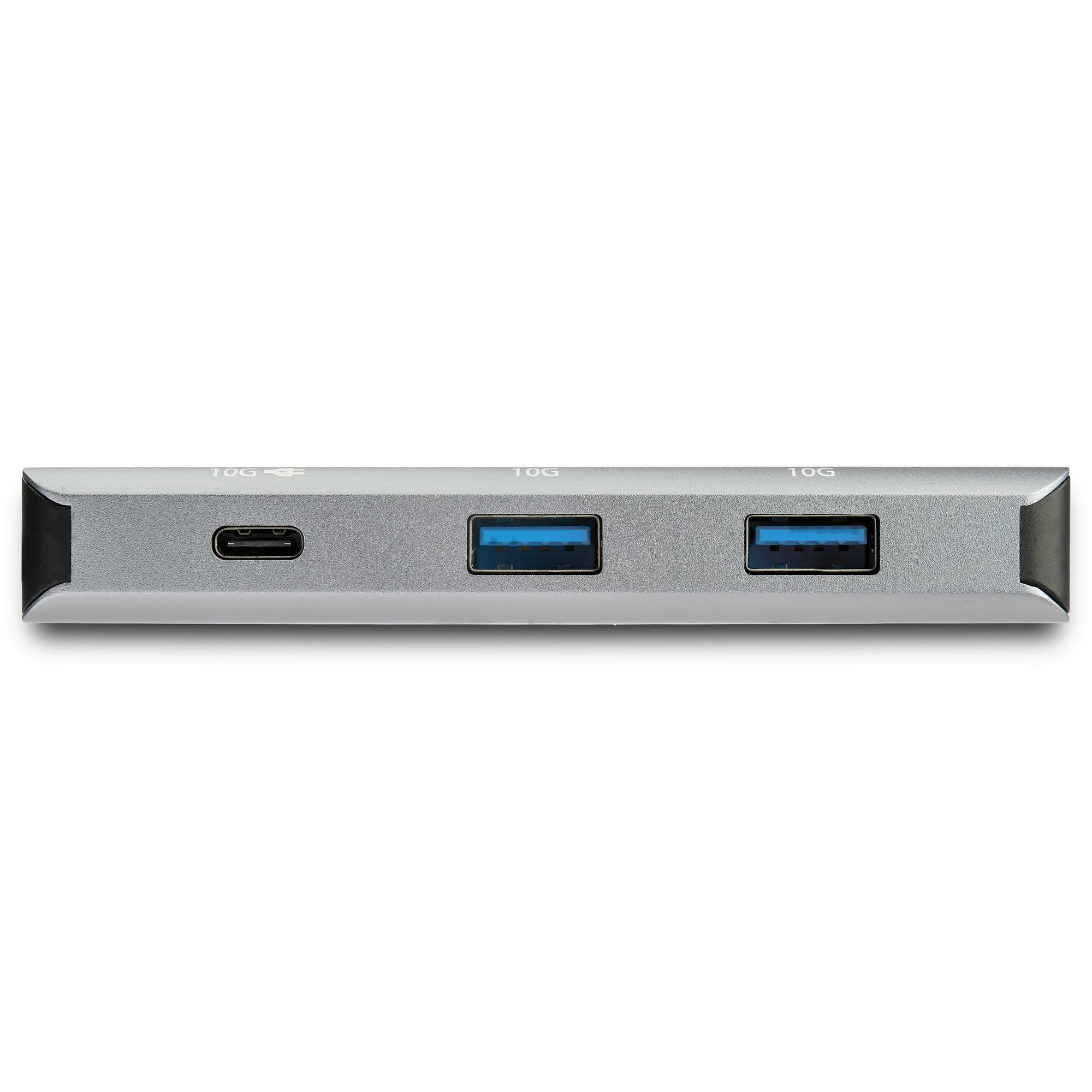 Silberner USB-Hub mit USB-C- und USB-Anschlüssen.