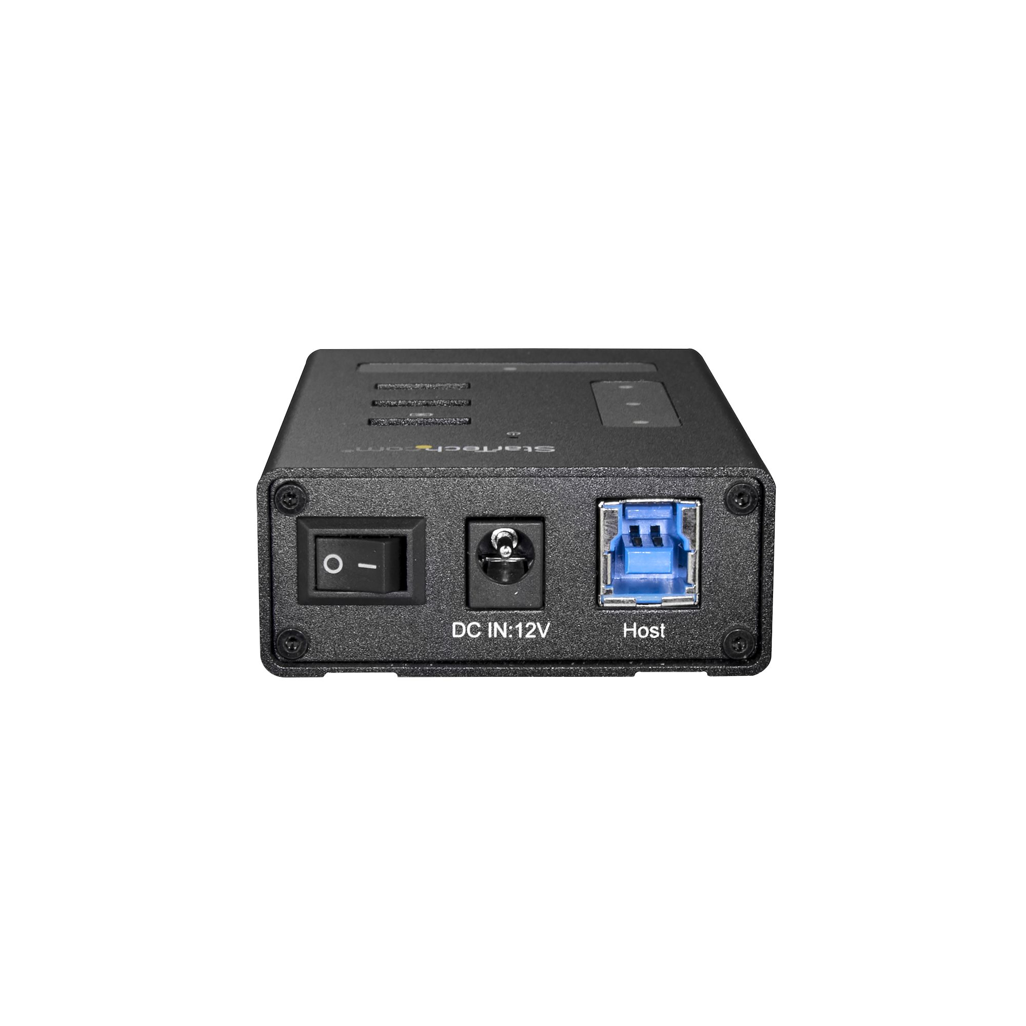 Un dispositivo negro con interruptor de encendido, entrada de CC y puerto USB sobre fondo blanco.