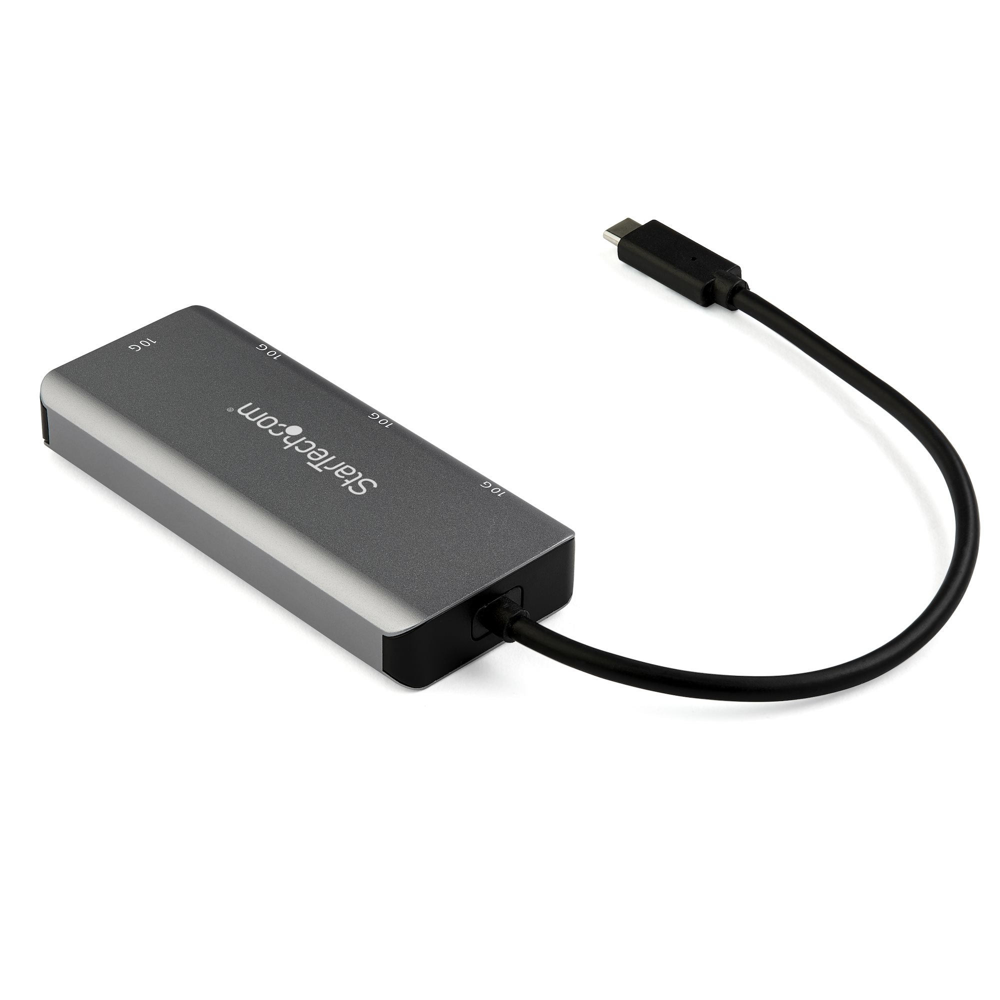 Ein grauer Startech.com USB-Hub mit einem schwarzen, angeschlossenen Kabel.