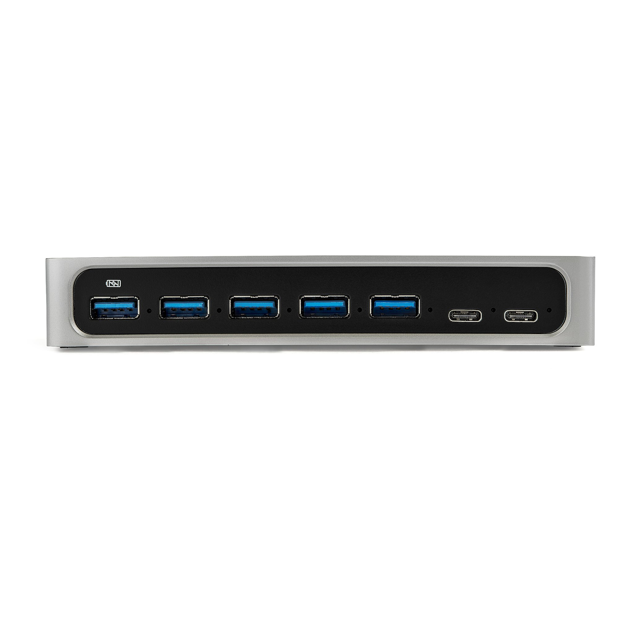 Silberner USB-Hub, mehrere USB-Anschlüsse und ein USB-C-Anschluss.