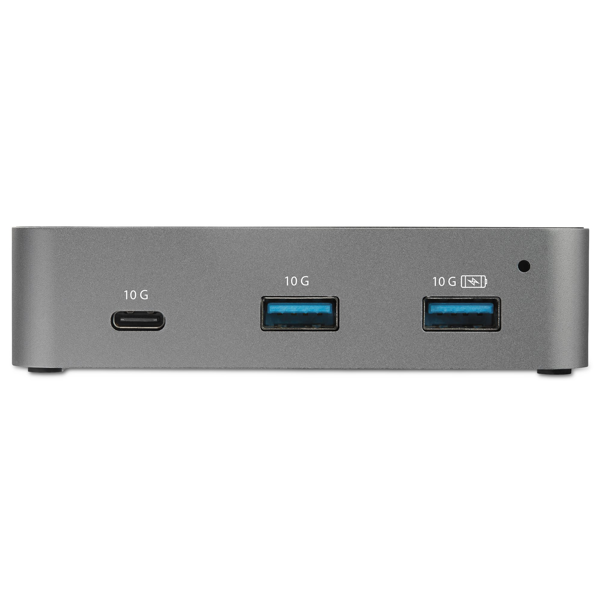 Grauer Hub mit USB- und 10G-Anschlüssen, auf weißem Hintergrund.