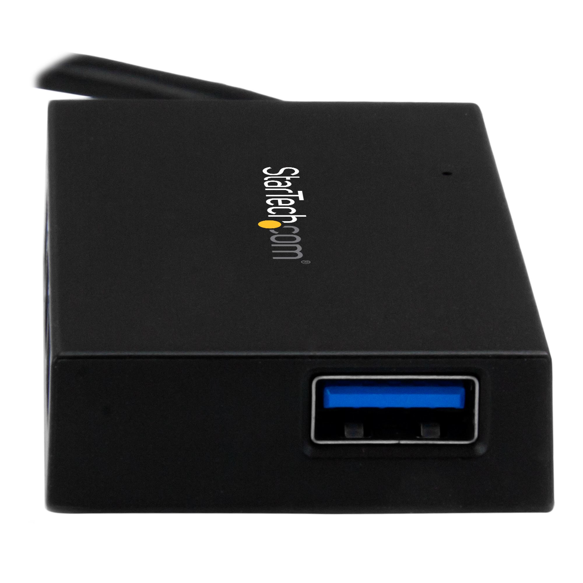 Schwarzer USB-Hub mit blauem USB 3.0-Anschluss. Der Markenname 'startech.com' ist sichtbar.