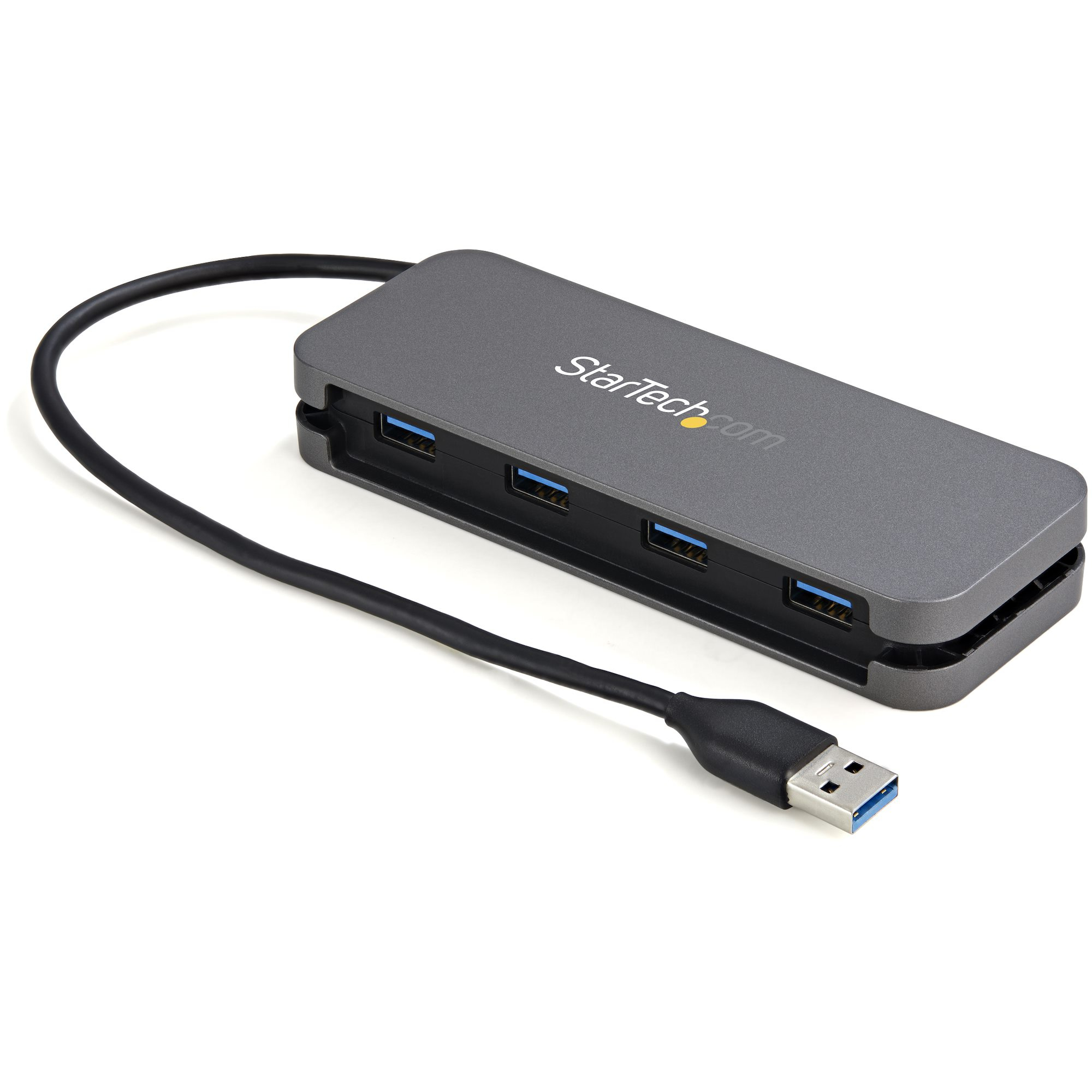 Un hub USB grigio con quattro porte USB e un cavo nero. Il logo StarTech.com è visibile.