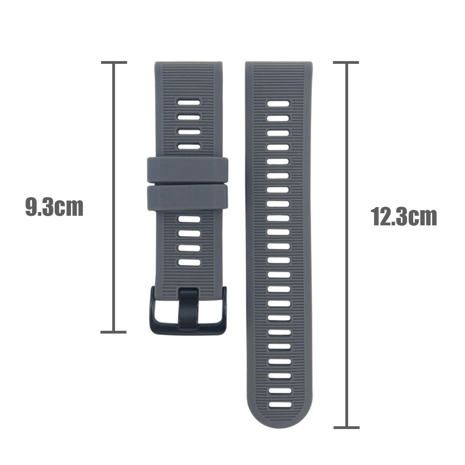 Zwei graue Uhrenarmbänder auf weißem Hintergrund mit Größenangaben.
