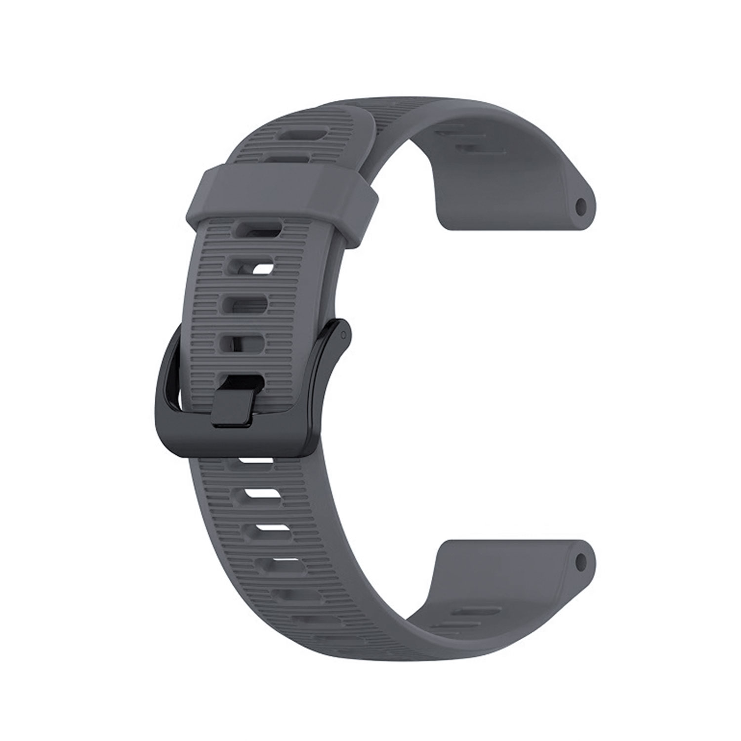 Graues Uhrenarmband mit schwarzer Schnalle.