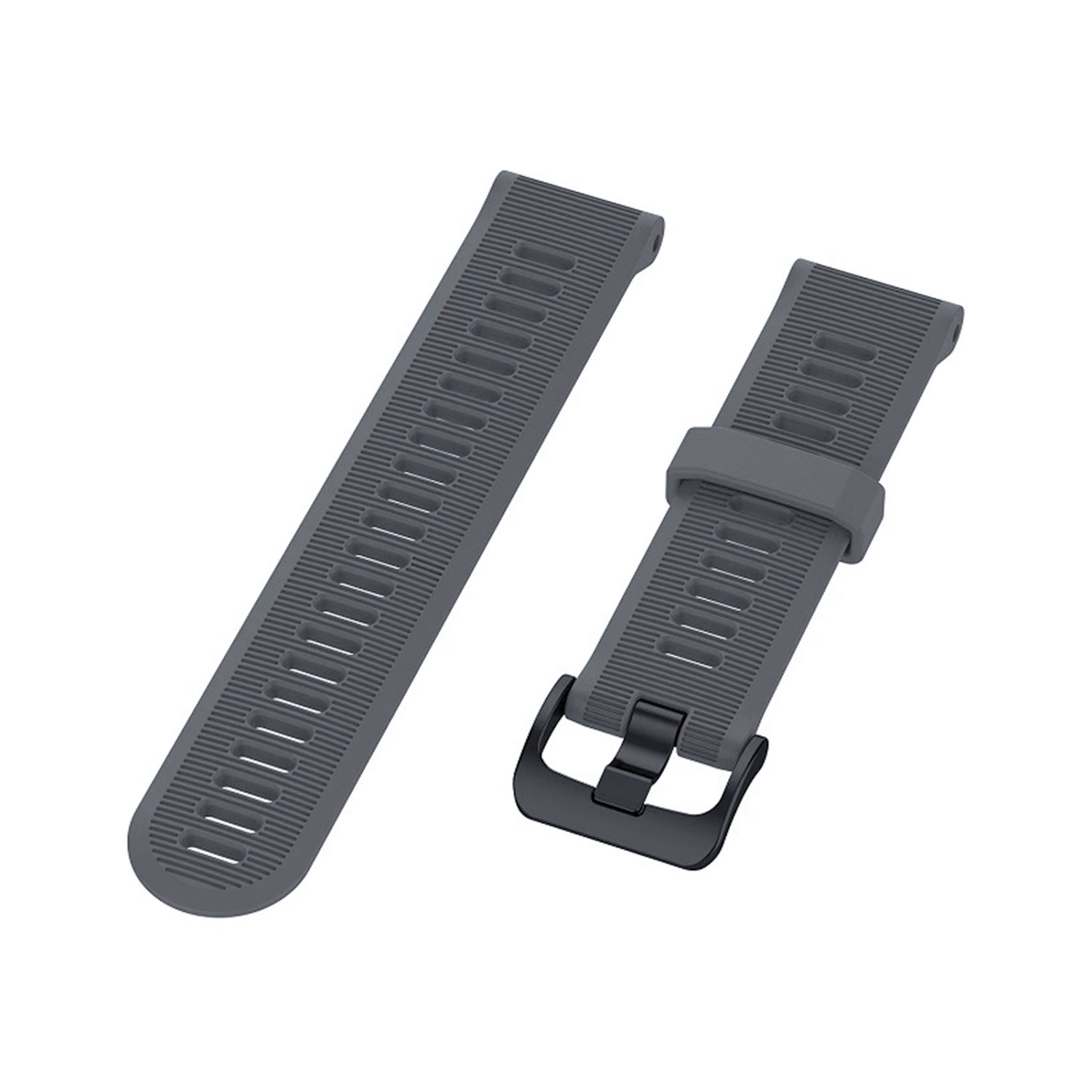 Graue Armbanduhren mit schwarzer Schnalle und geriffelten Details.