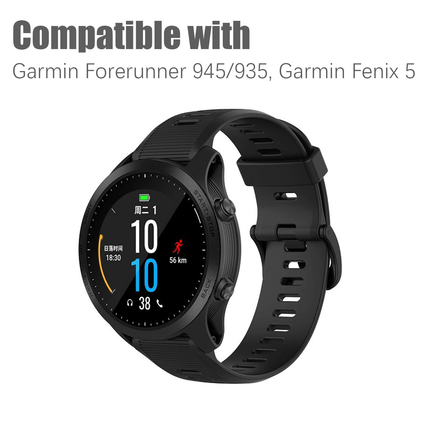 Schwarze Smartwatch auf weißem Hintergrund, mit Text: Kompatibel mit Garmin Forerunner 945/935, Fenix 5.