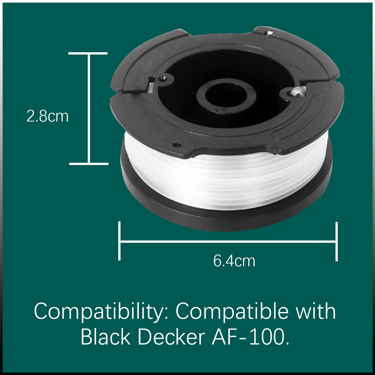 Witte trimmer spoel, afmetingen 2.8cm x 6.4cm, tekst: Compatibel met Black Decker AF-100.