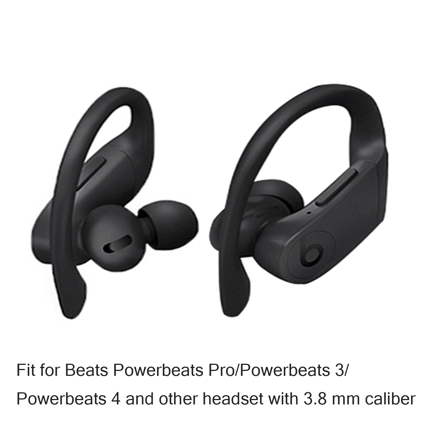 Zwarte Beats Powerbeats Pro oordopjes. Tekst onderaan beschrijft compatibiliteit.