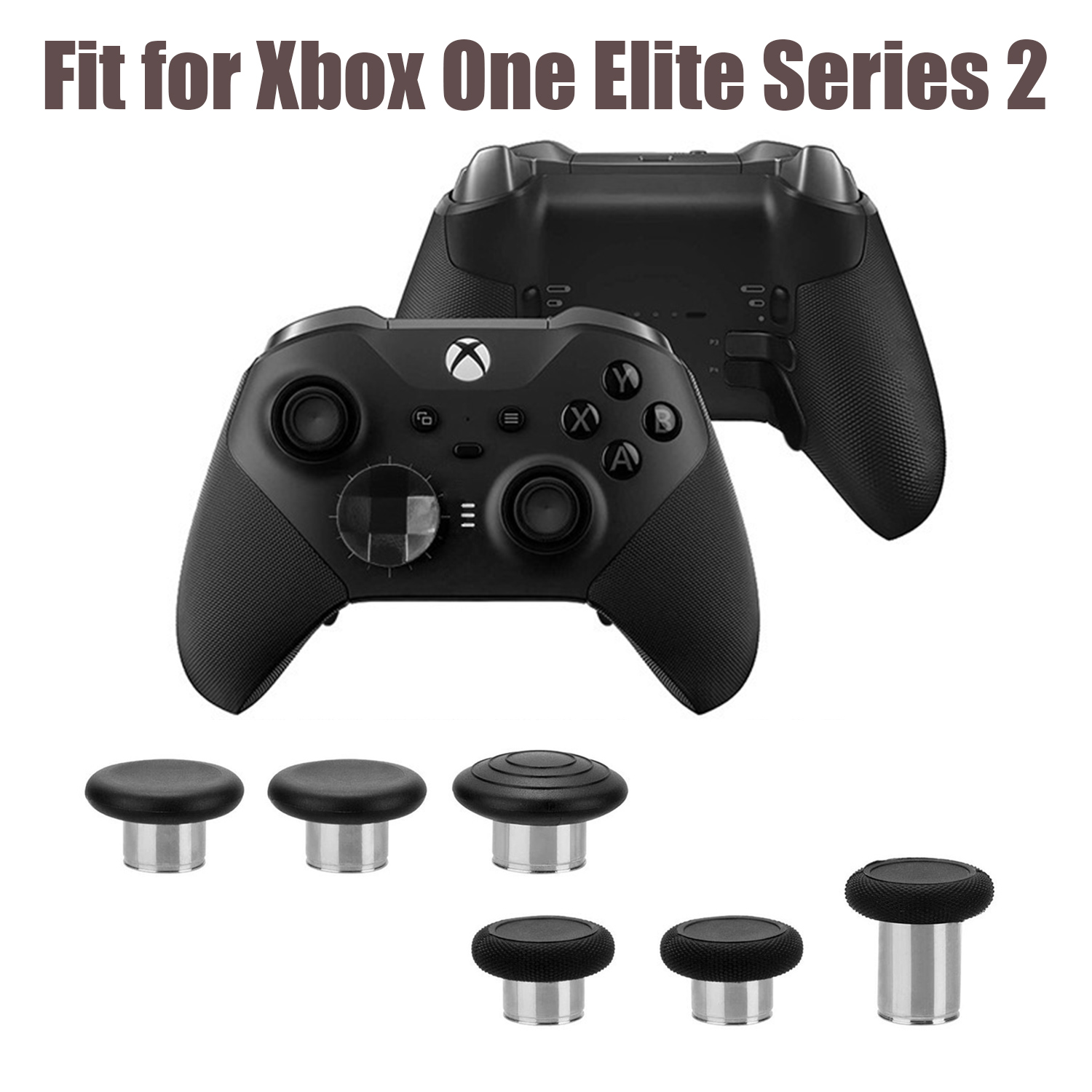 Xbox One Elite Series 2-controller met reserve thumbsticks, gepresenteerd op een witte achtergrond.
