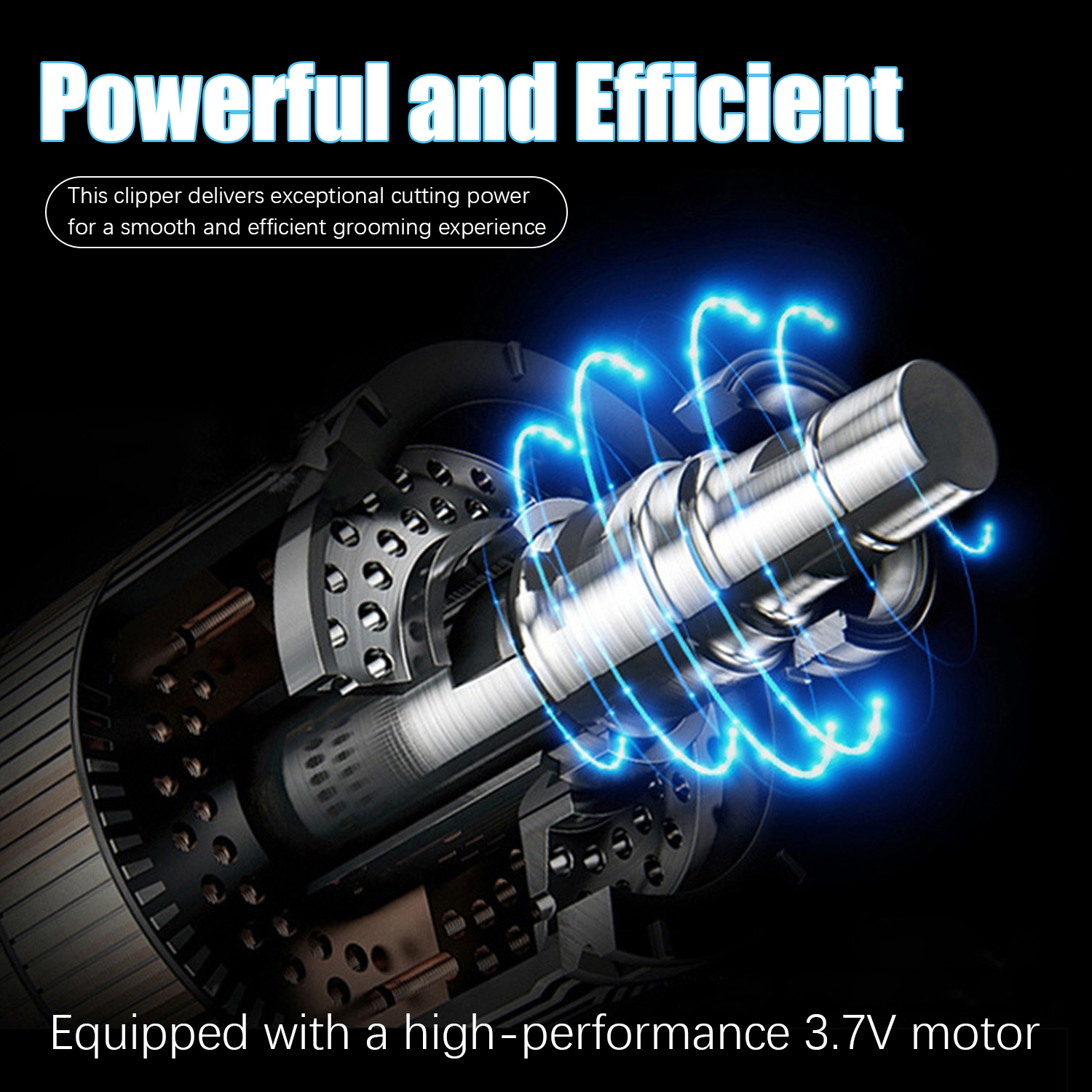 Zbliżenie silnika z niebieskim śladem świetlnym, czarne tło, tekst.