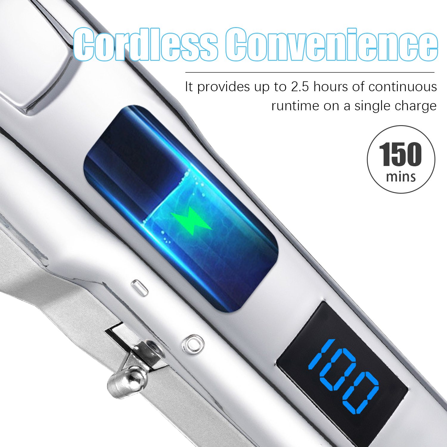 Srebrna maszynka do włosów z niebieskim wyświetlaczem cyfrowym pokazującym 100 i baterię.